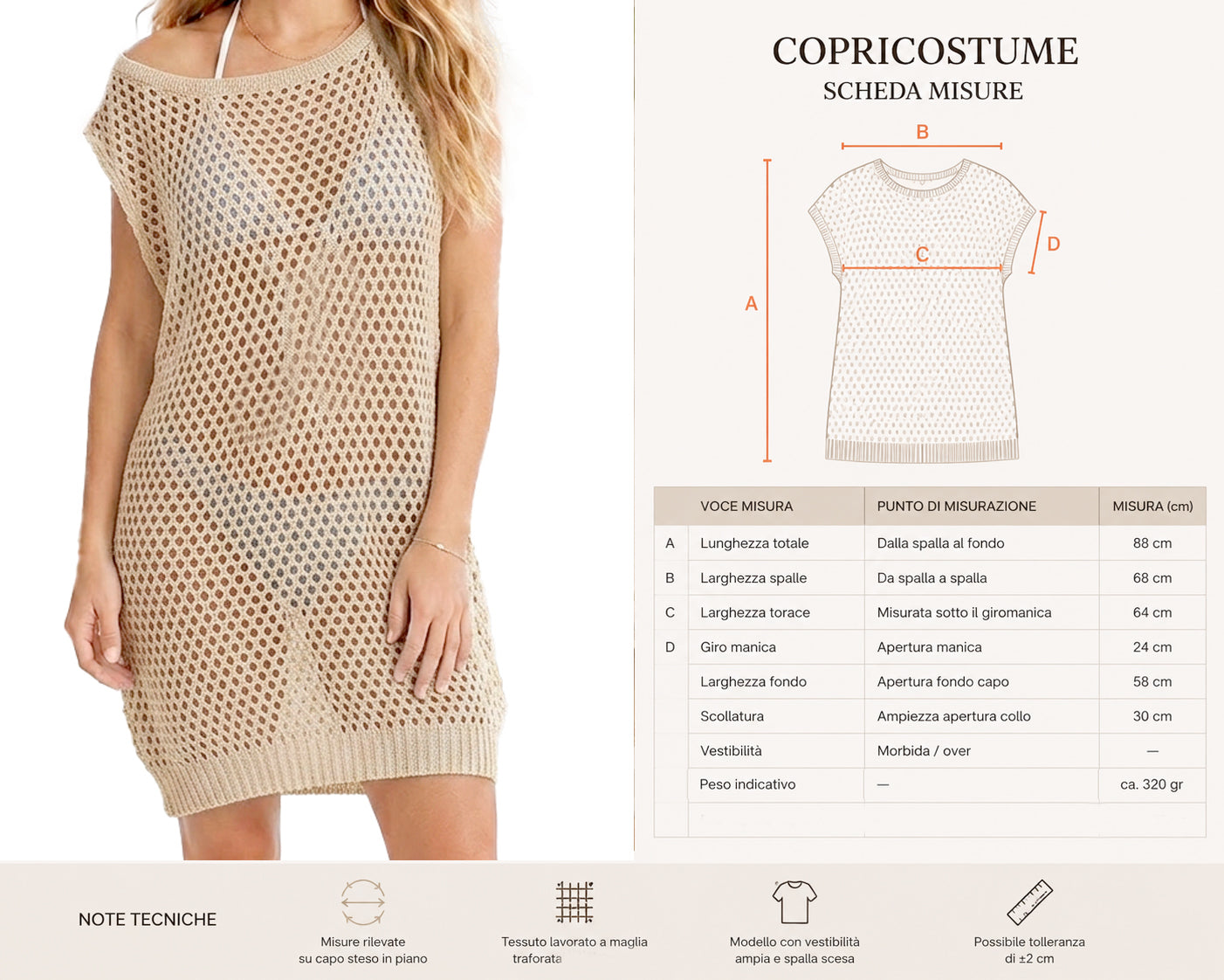 Copricostume da Spiaggia Donna; Leggero e Confortevole in Cotone Cucitura ad Uncinetto - Pareo, Tunica da Mare - Made in Italy