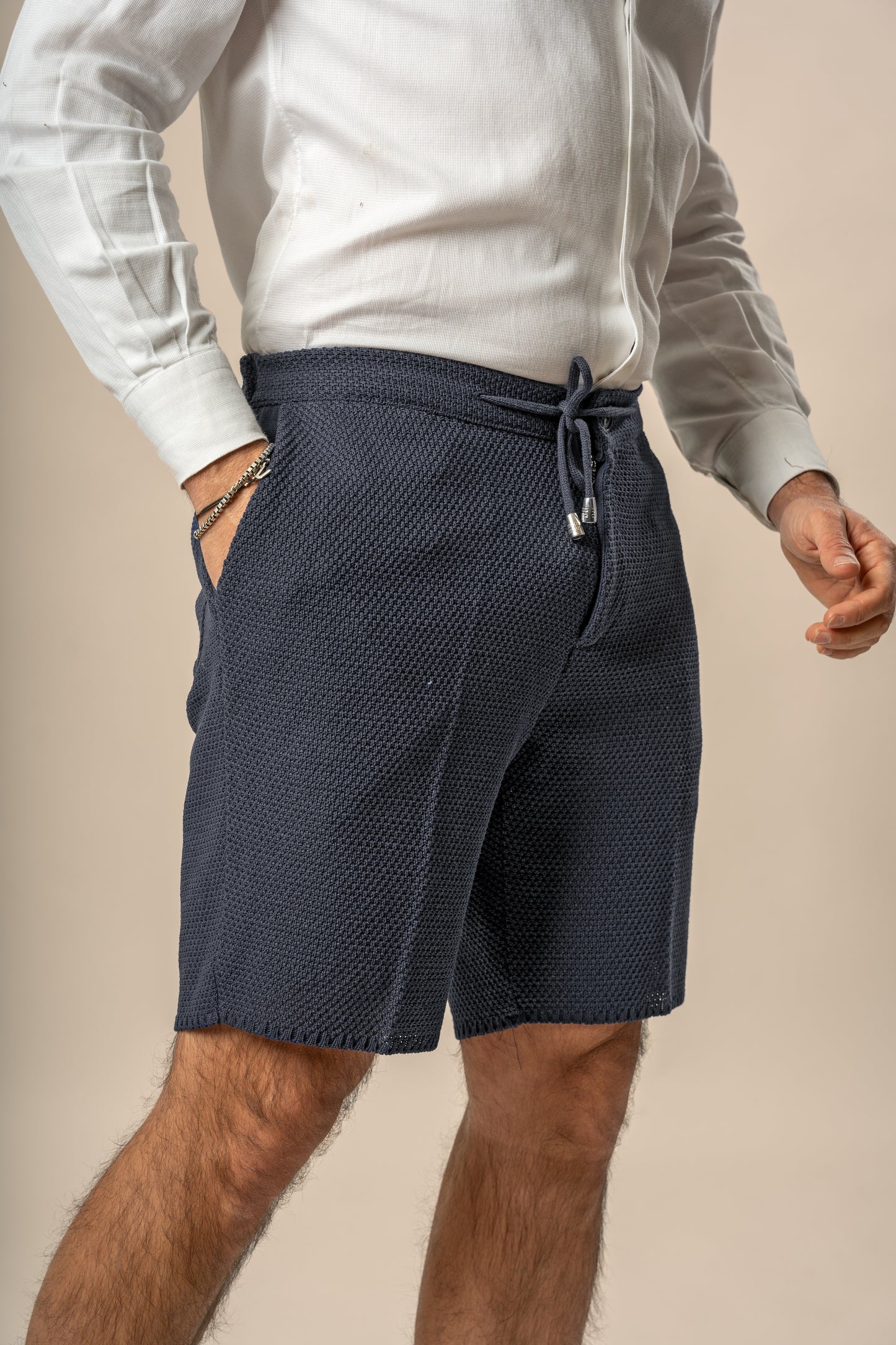 Bermuda Pantaloni Corti da Uomo sartoriali in Cotone - Modello fantaasia Chicco di Riso a Tinta Unita - Elastico con Laccio in Vita - Made in Italy