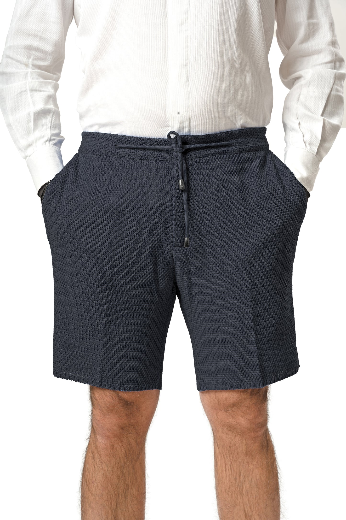Bermuda Pantaloni Corti da Uomo sartoriali in Cotone - Modello fantaasia Chicco di Riso a Tinta Unita - Elastico con Laccio in Vita - Made in Italy