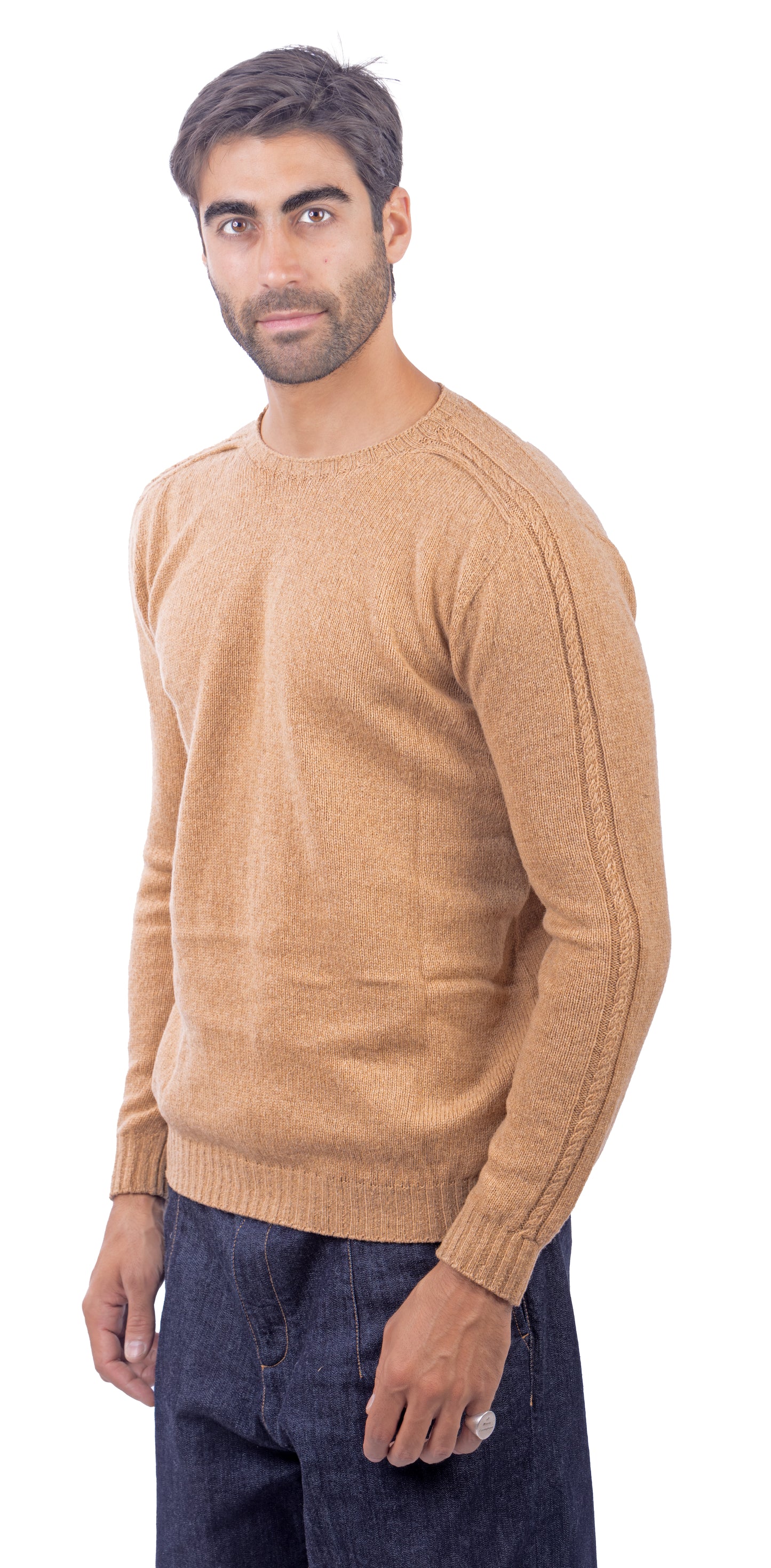 Maglione Girocollo in Calda e Morbida Lana - Maglia da Uomo in Tinta Unita con Fantasia a Treccia - Made in Italy
