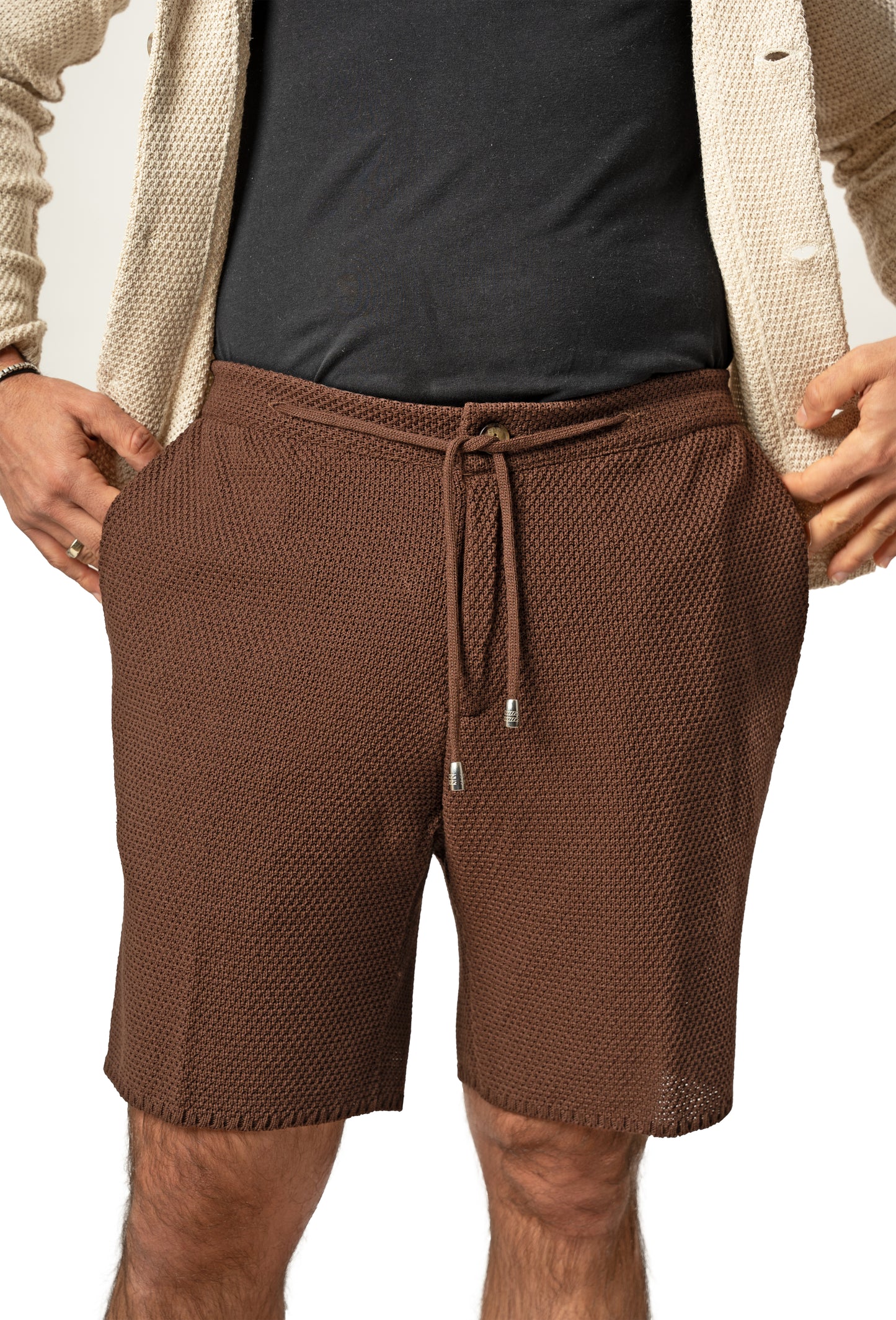 Bermuda Pantaloni Corti da Uomo sartoriali in Cotone - Modello fantaasia Chicco di Riso a Tinta Unita - Elastico con Laccio in Vita - Made in Italy