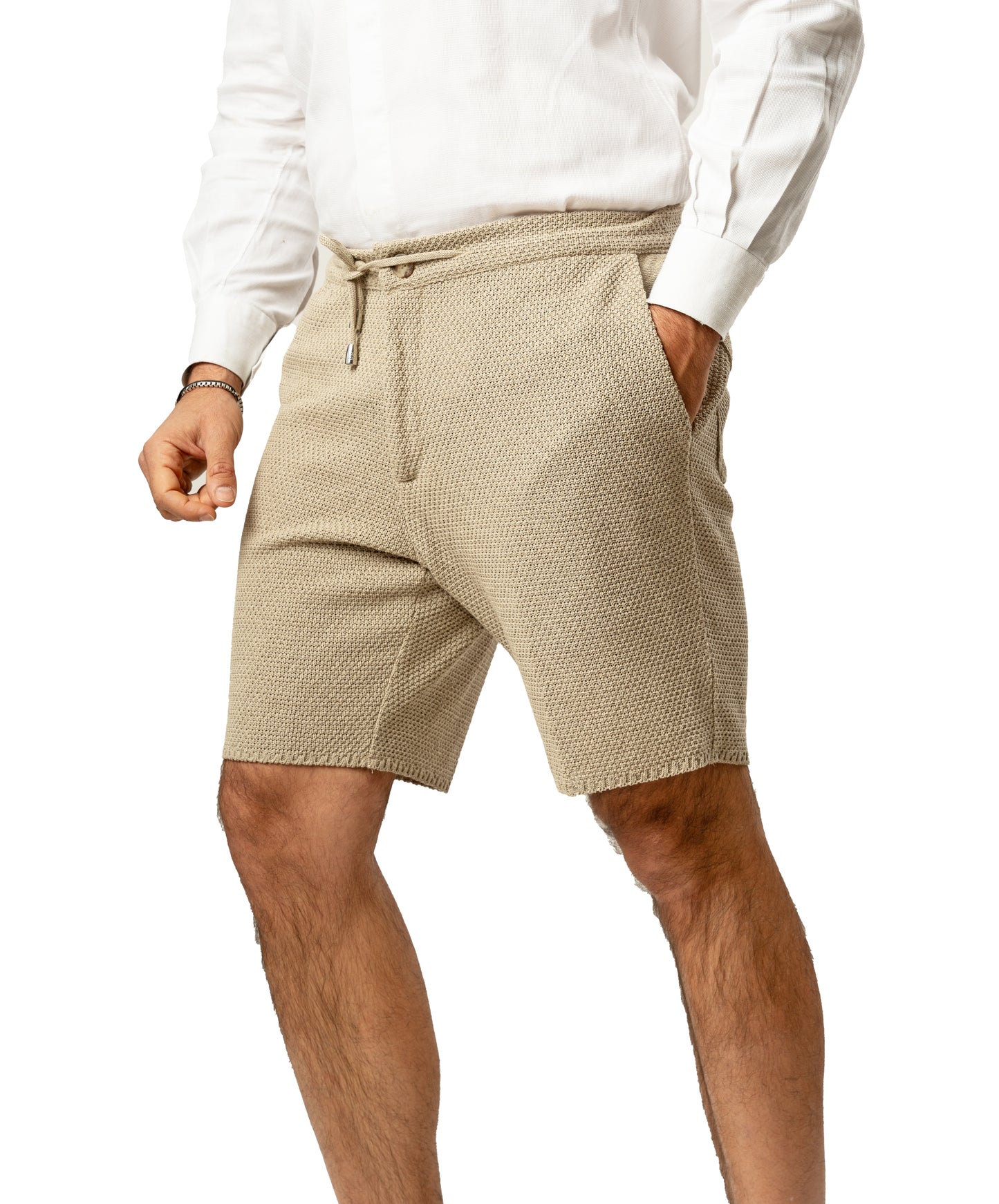 Bermuda Pantaloni Corti da Uomo sartoriali in Cotone - Modello fantaasia Chicco di Riso a Tinta Unita - Elastico con Laccio in Vita - Made in Italy
