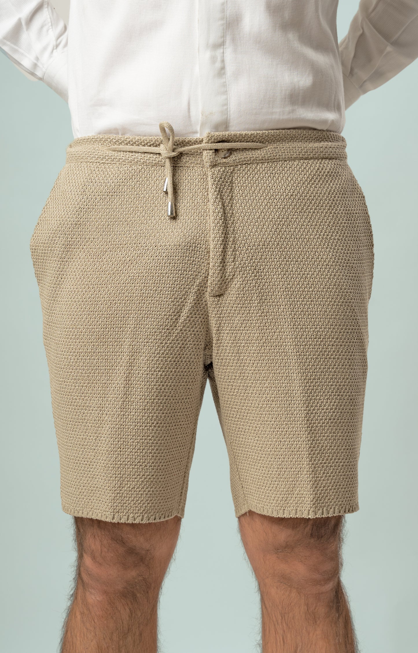 Bermuda Pantaloni Corti da Uomo sartoriali in Cotone - Modello fantaasia Chicco di Riso a Tinta Unita - Elastico con Laccio in Vita - Made in Italy