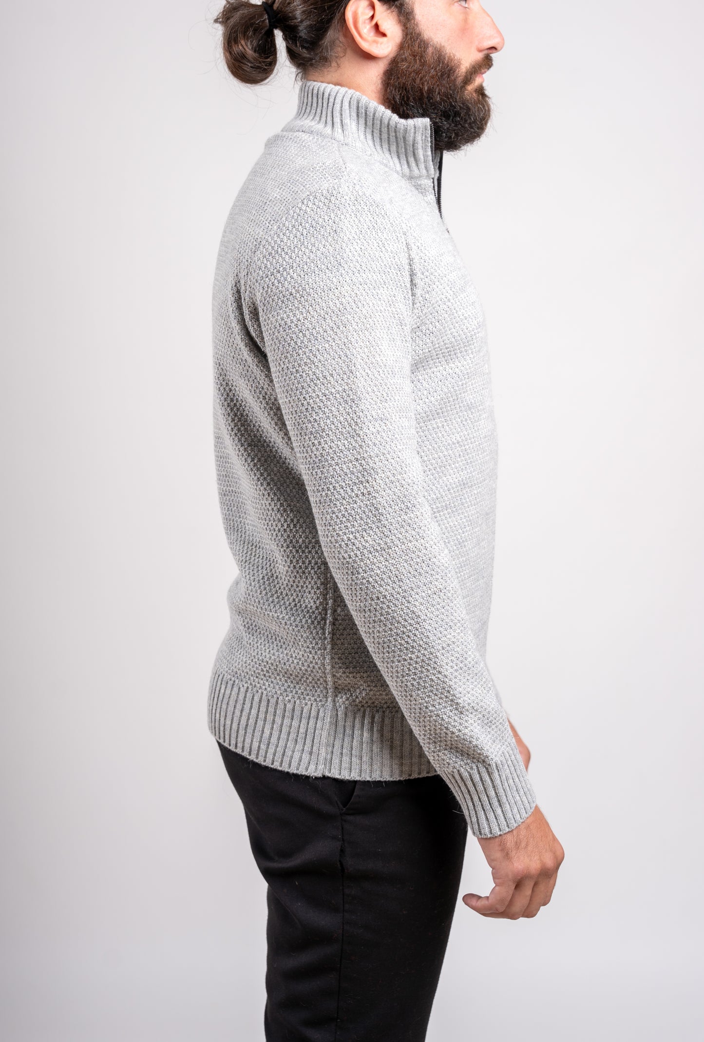 Maglia Girocollo in Lana e Alpaca con Cerniera - Fantasia a Chicco di Riso, a Tinta Unita - Made in Italy