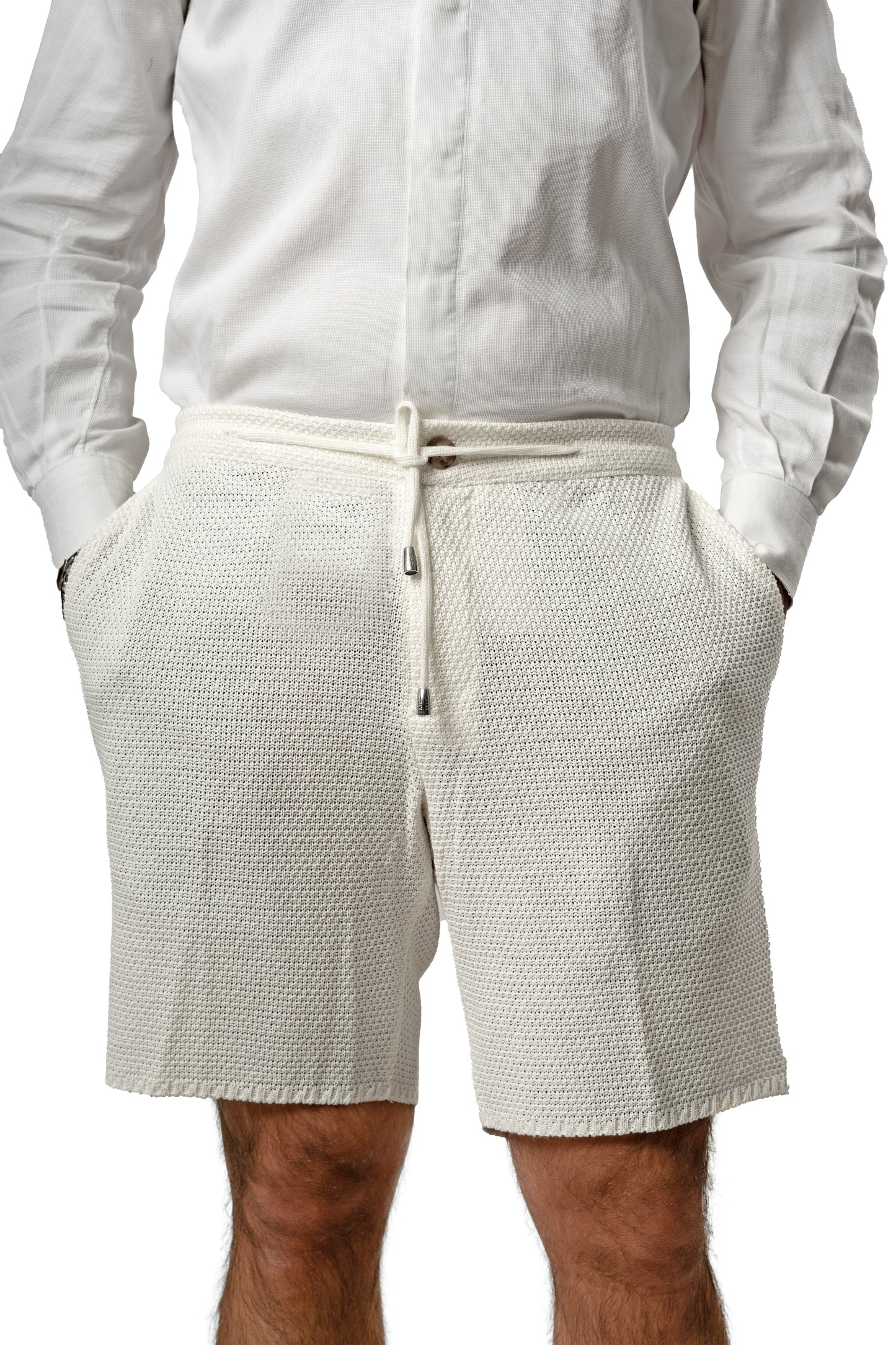 Bermuda Pantaloni Corti da Uomo sartoriali in Cotone - Modello fantaasia Chicco di Riso a Tinta Unita - Elastico con Laccio in Vita - Made in Italy