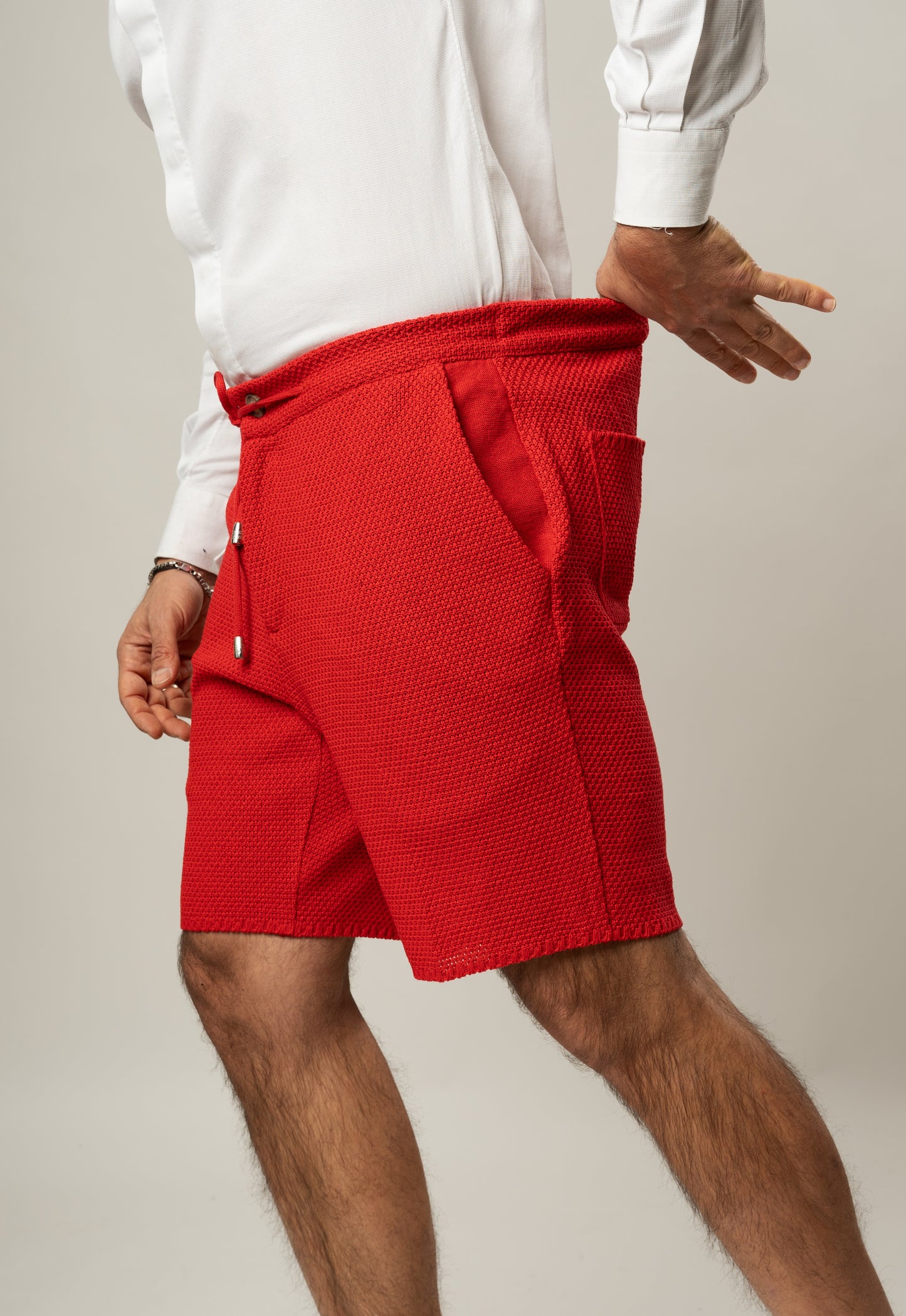 Bermuda Pantaloni Corti da Uomo sartoriali in Cotone - Modello fantaasia Chicco di Riso a Tinta Unita - Elastico con Laccio in Vita - Made in Italy