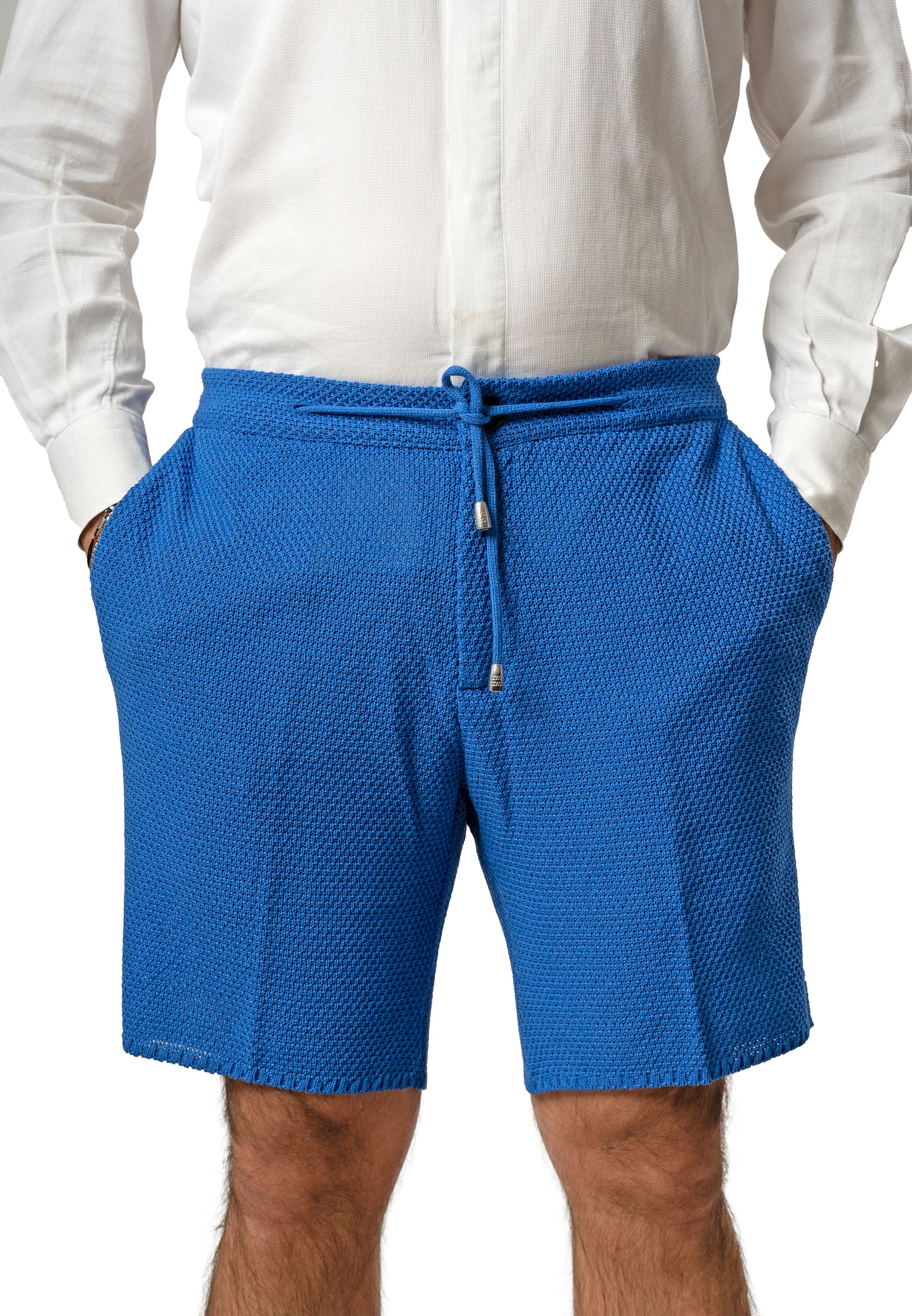 Bermuda Pantaloni Corti da Uomo sartoriali in Cotone - Modello fantaasia Chicco di Riso a Tinta Unita - Elastico con Laccio in Vita - Made in Italy