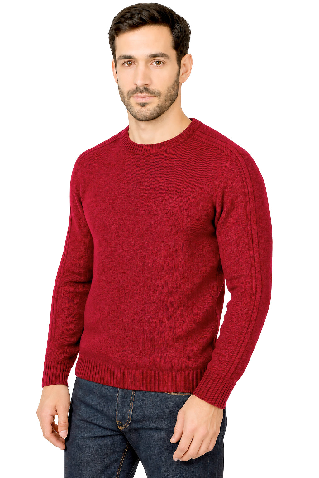 Maglione Girocollo in Calda e Morbida Lana - Maglia da Uomo in Tinta Unita con Fantasia a Treccia - Made in Italy