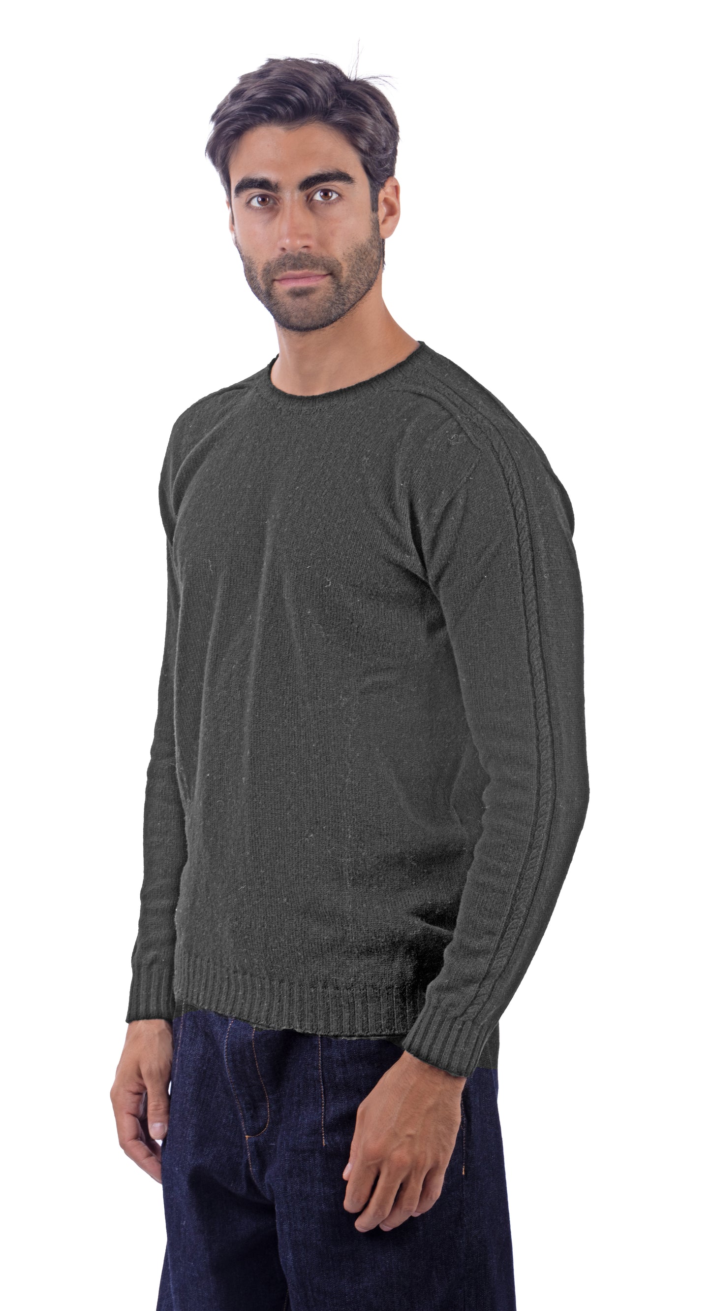 Maglione Girocollo in Calda e Morbida Lana - Maglia da Uomo in Tinta Unita con Fantasia a Treccia - Made in Italy