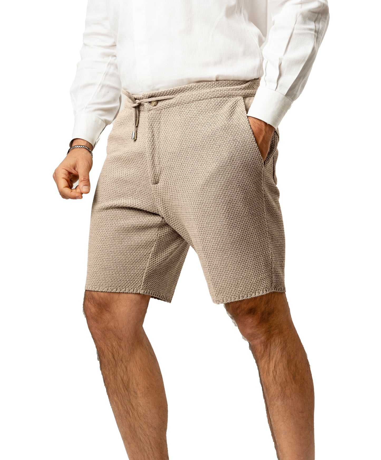 Bermuda Pantaloni Corti da Uomo sartoriali in Cotone - Modello fantaasia Chicco di Riso a Tinta Unita - Elastico con Laccio in Vita - Made in Italy