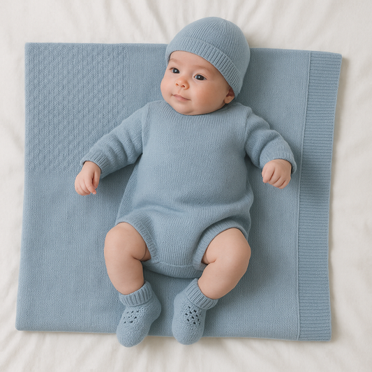 Copertina in Lana Merino per Neonati con Babbucce e Cappello, Prodotto Artigianale, Made in Italy
