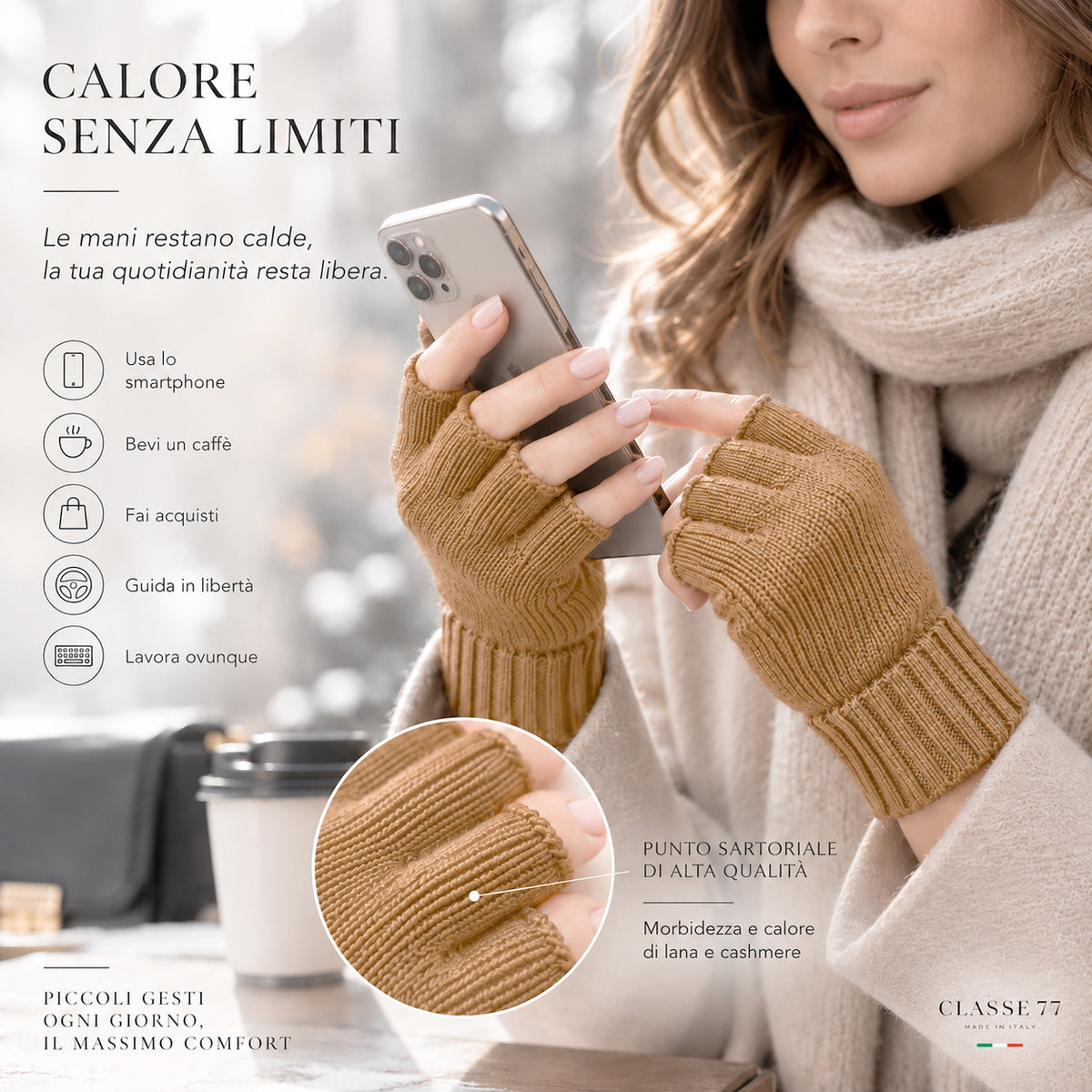 Guanti mezze dita in Lana misto  Cashmere  da Donna - Made in Italy