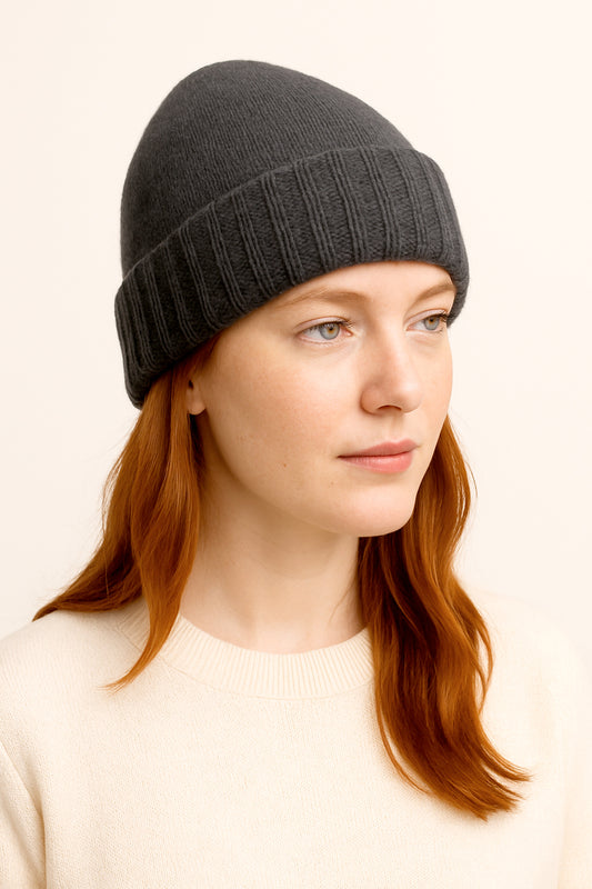 Cappello di Lana misto Cashmere  con Risvolti a Coste – Unisex - Made in Italy