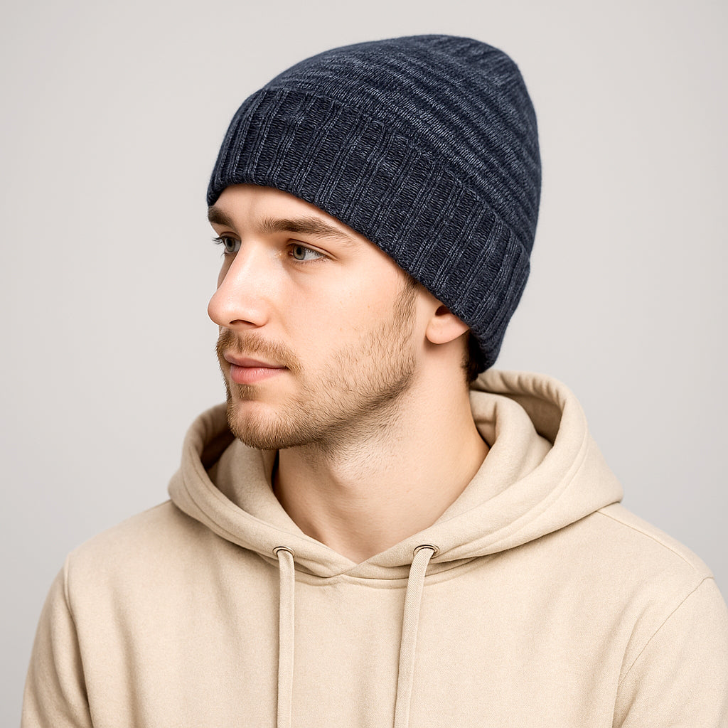 Cappello di Lana misto Cashmere  con Risvolti a Coste – Unisex - Made in Italy