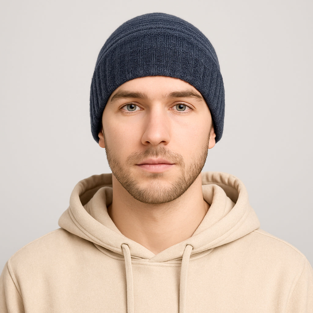 Cappello di Lana misto Cashmere  con Risvolti a Coste – Unisex - Made in Italy