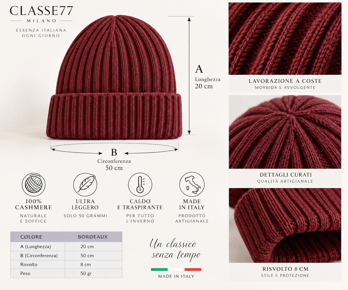 Cappello 100% Cashmere con rasatura a Coste - Made in Italy