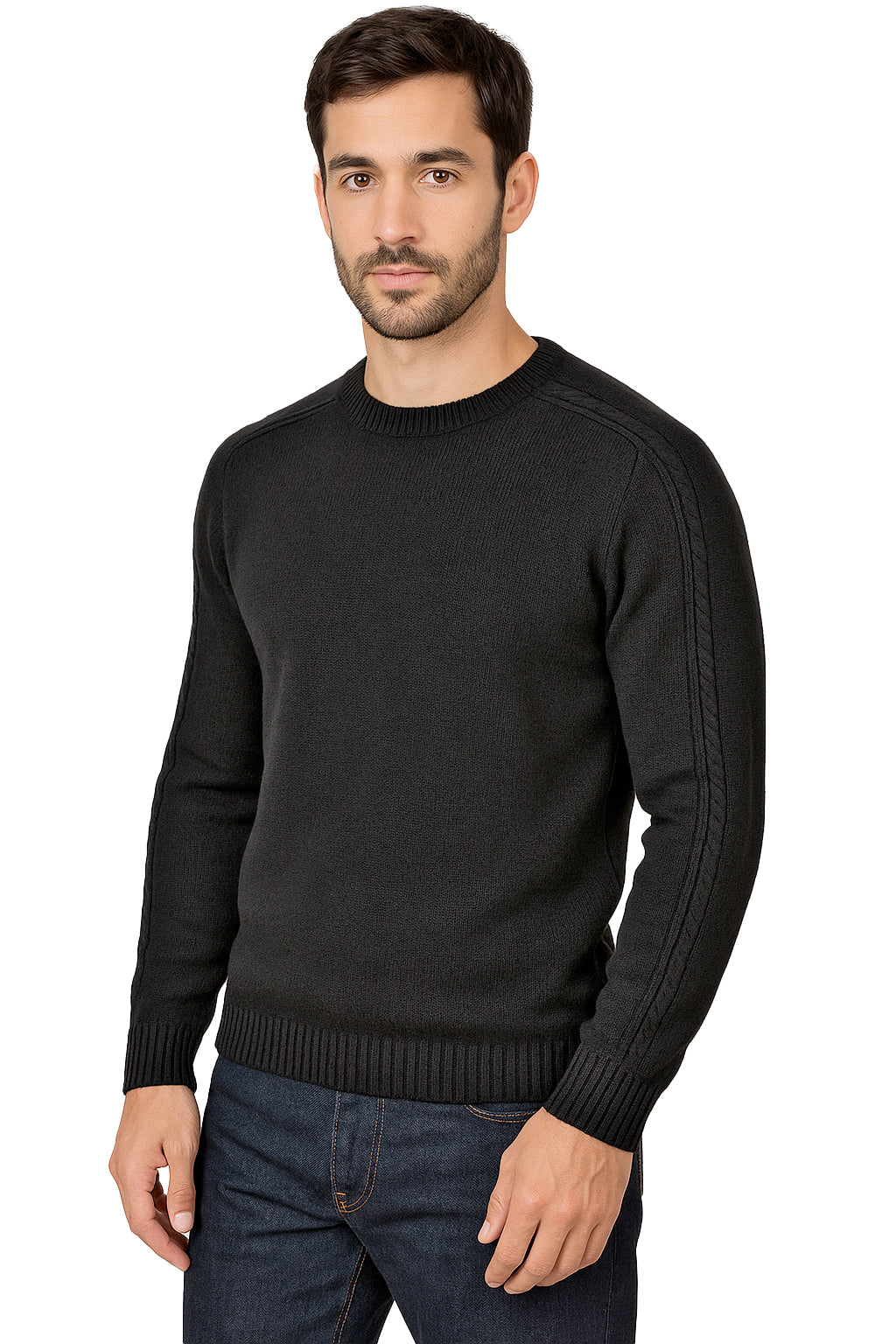 Maglione Girocollo in Calda e Morbida Lana - Maglia da Uomo in Tinta Unita con Fantasia a Treccia - Made in Italy