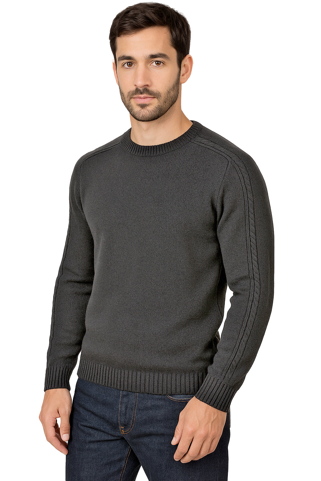 Maglione Girocollo in Calda e Morbida Lana - Maglia da Uomo in Tinta Unita con Fantasia a Treccia - Made in Italy