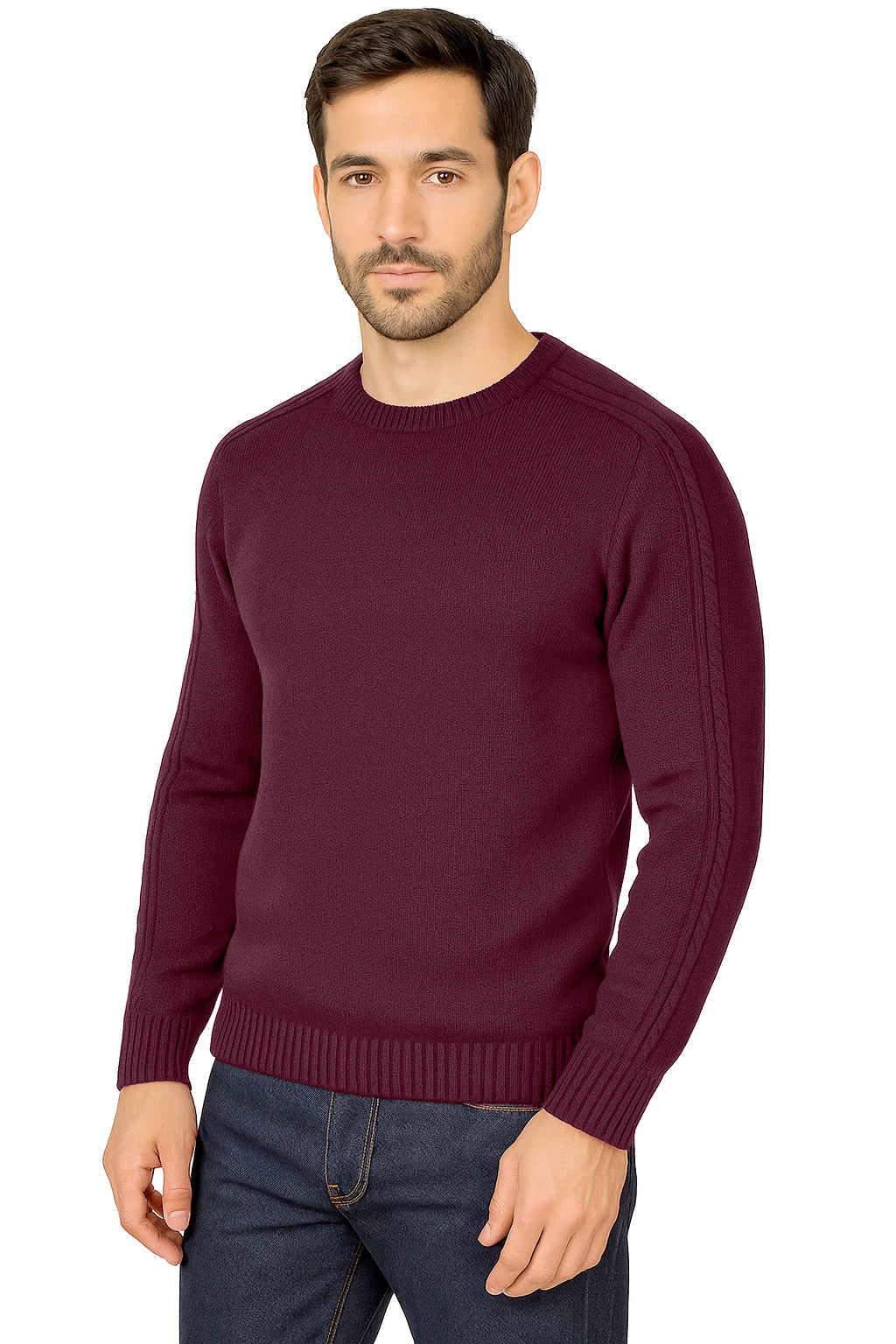 Maglione Girocollo in Calda e Morbida Lana - Maglia da Uomo in Tinta Unita con Fantasia a Treccia - Made in Italy