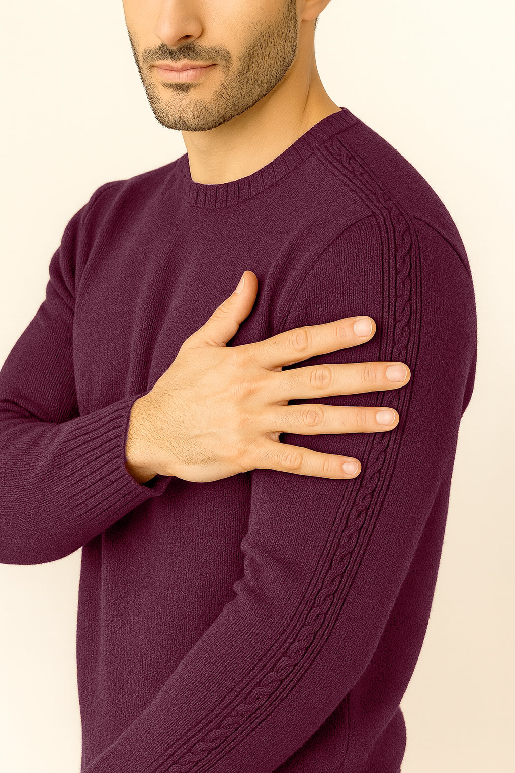 Maglione Girocollo in Calda e Morbida Lana - Maglia da Uomo in Tinta Unita con Fantasia a Treccia - Made in Italy