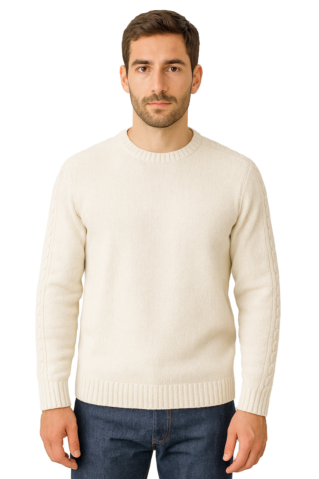 Maglione Girocollo in Calda e Morbida Lana - Maglia da Uomo in Tinta Unita con Fantasia a Treccia - Made in Italy