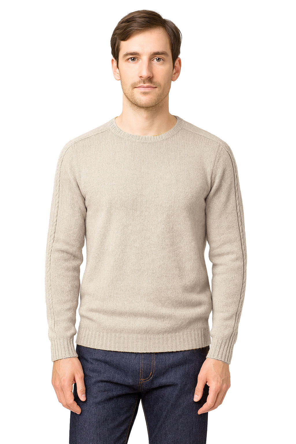 Maglione Girocollo in Calda e Morbida Lana - Maglia da Uomo in Tinta Unita con Fantasia a Treccia - Made in Italy