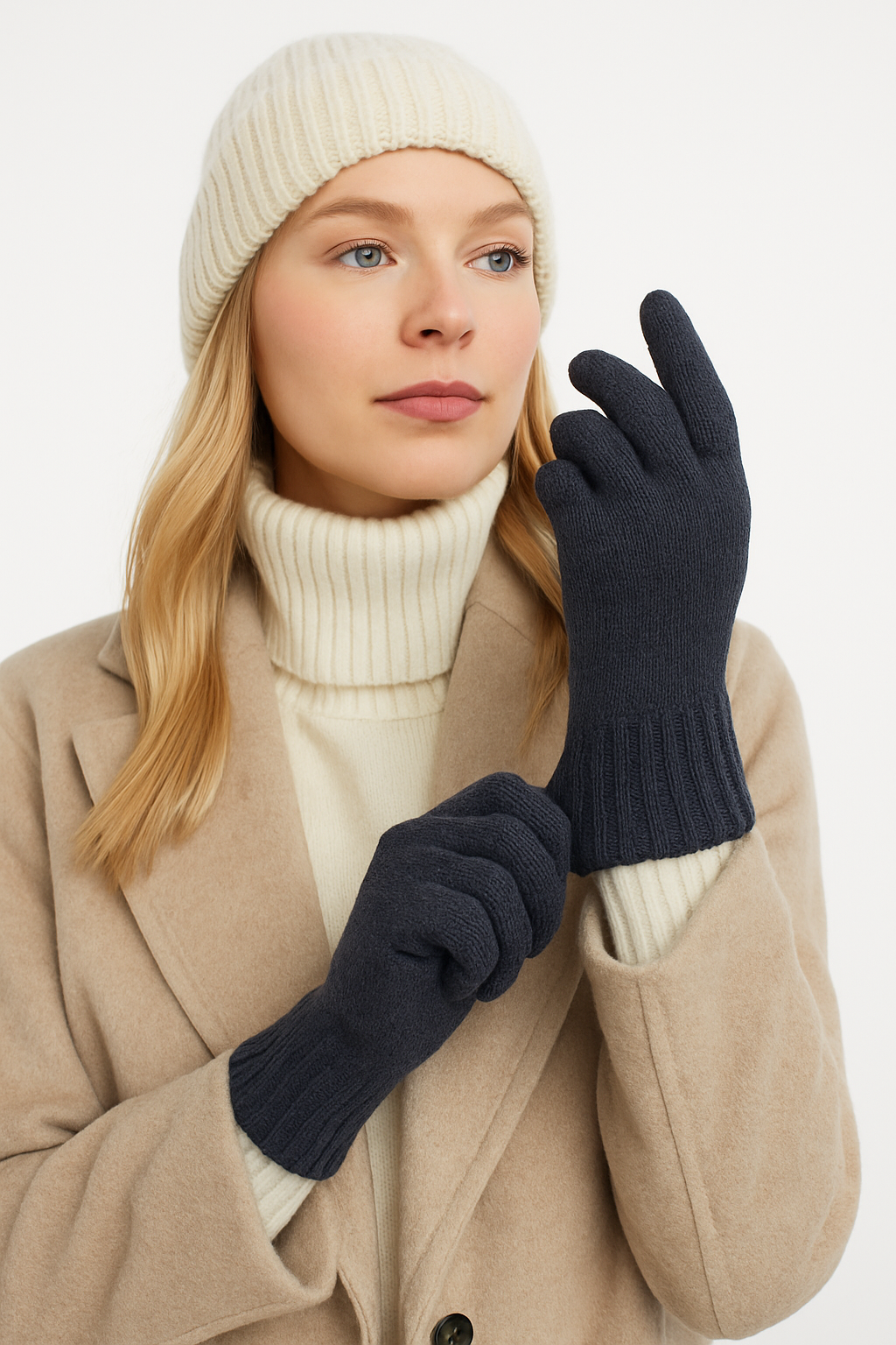 Guanti in lana misto angora da Donna con bordino a coste - Made in Italy