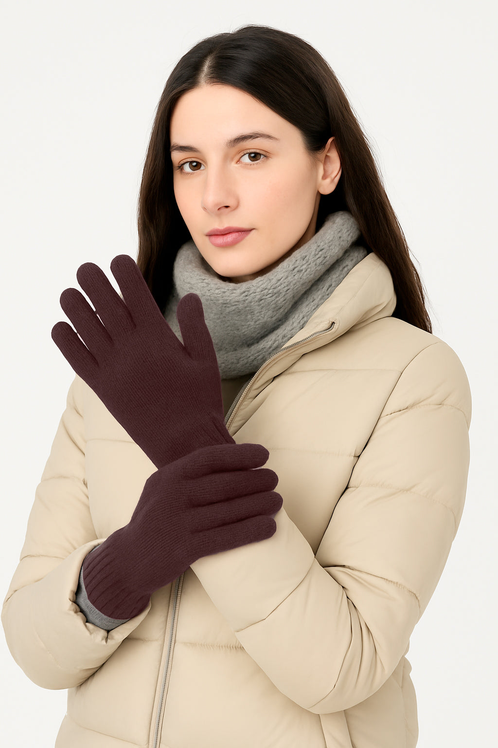 Guanti in lana misto angora da Donna con bordino a coste - Made in Italy