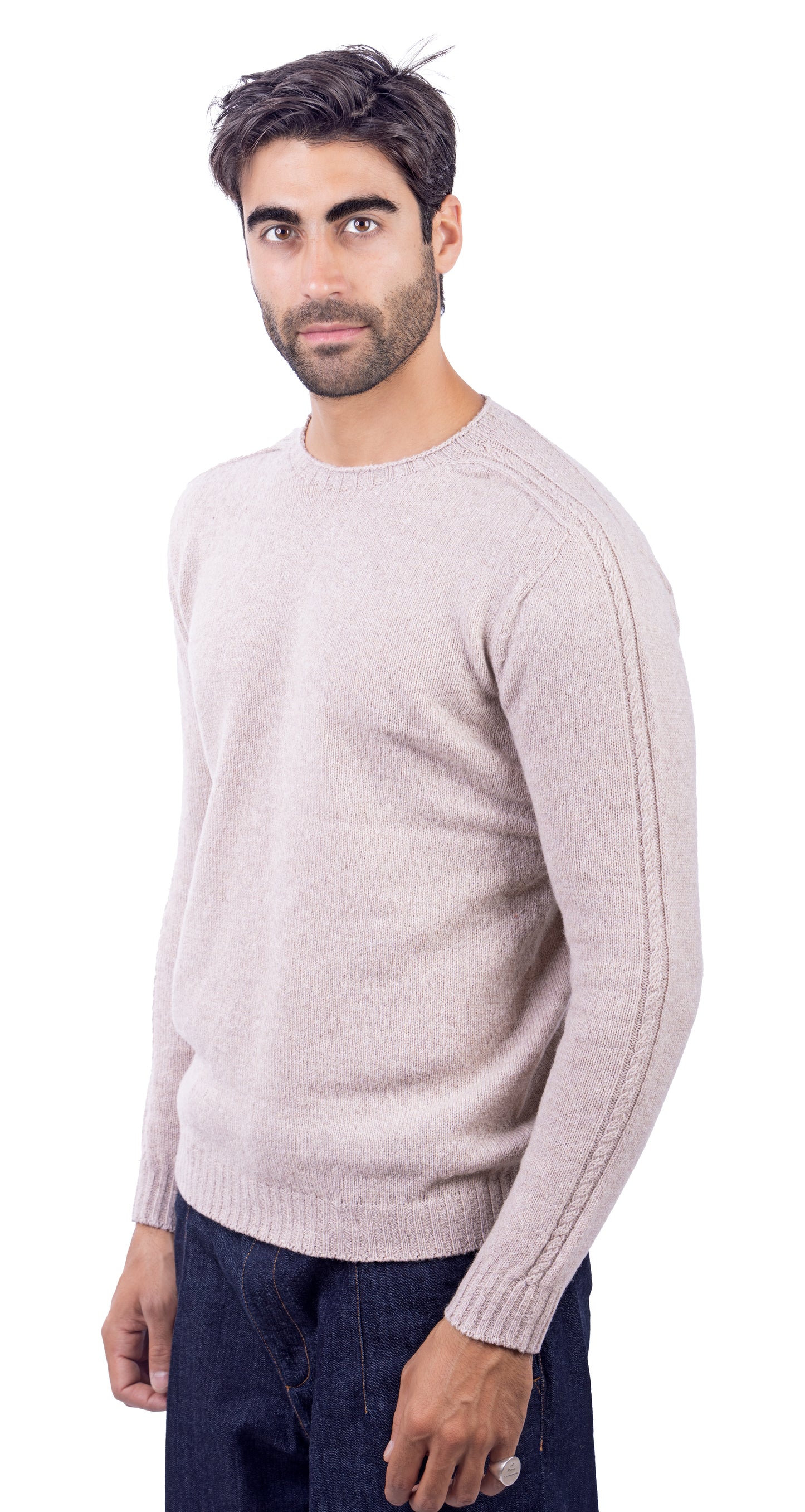 Maglione Girocollo in Calda e Morbida Lana - Maglia da Uomo in Tinta Unita con Fantasia a Treccia - Made in Italy