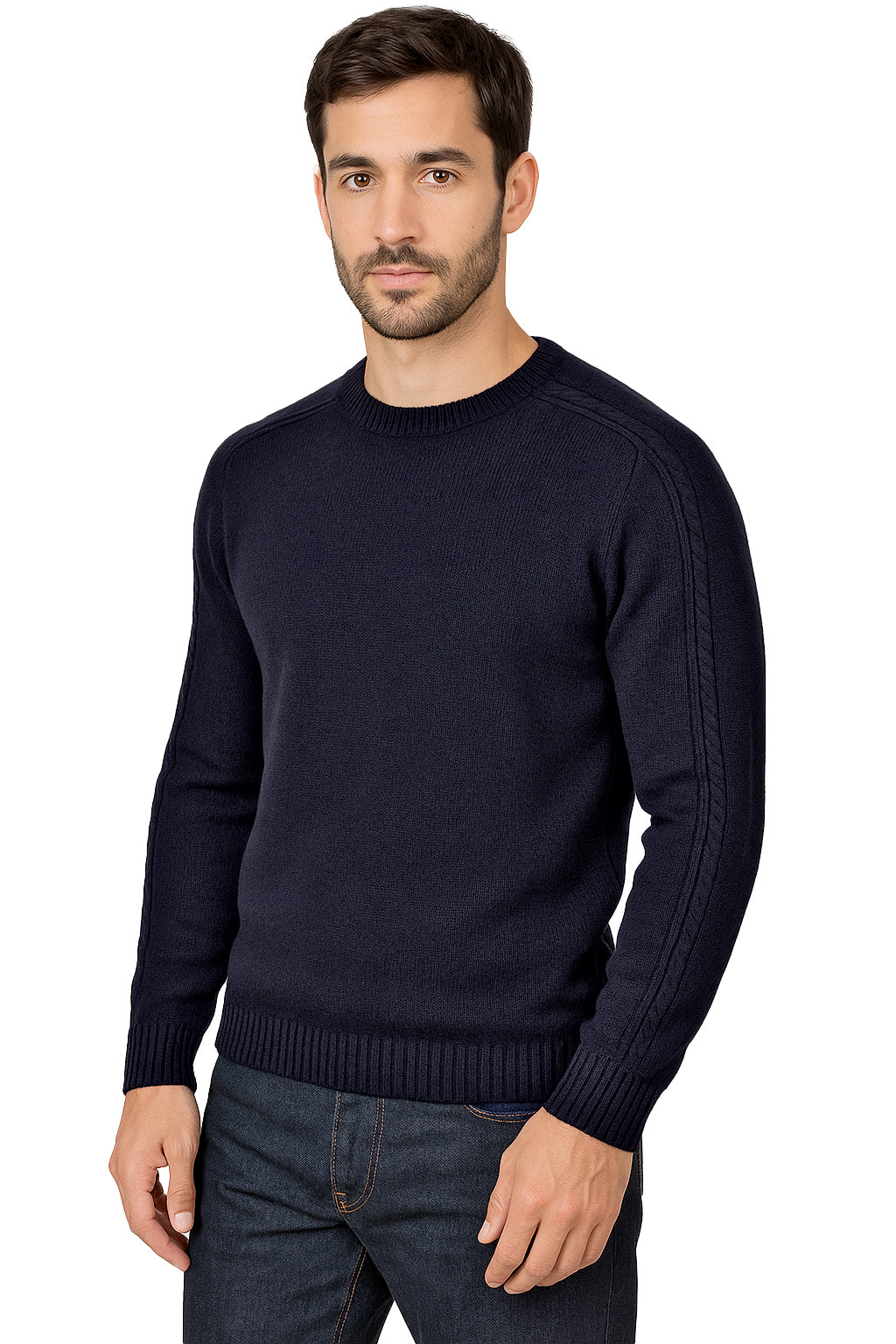 Maglione Girocollo in Calda e Morbida Lana - Maglia da Uomo in Tinta Unita con Fantasia a Treccia - Made in Italy