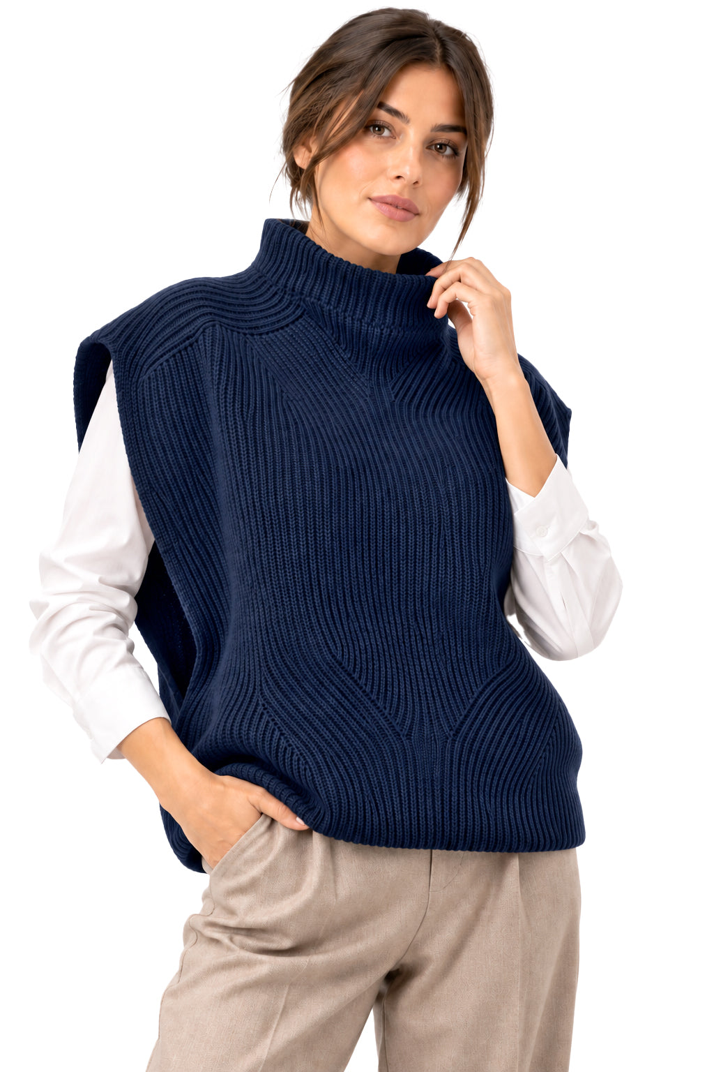 Smanicato Donna in Lana Made in Italy, Stile in Maglia Inglese con Collo Alto, Gilet Donna Invernale in Lana, Taglia Unica