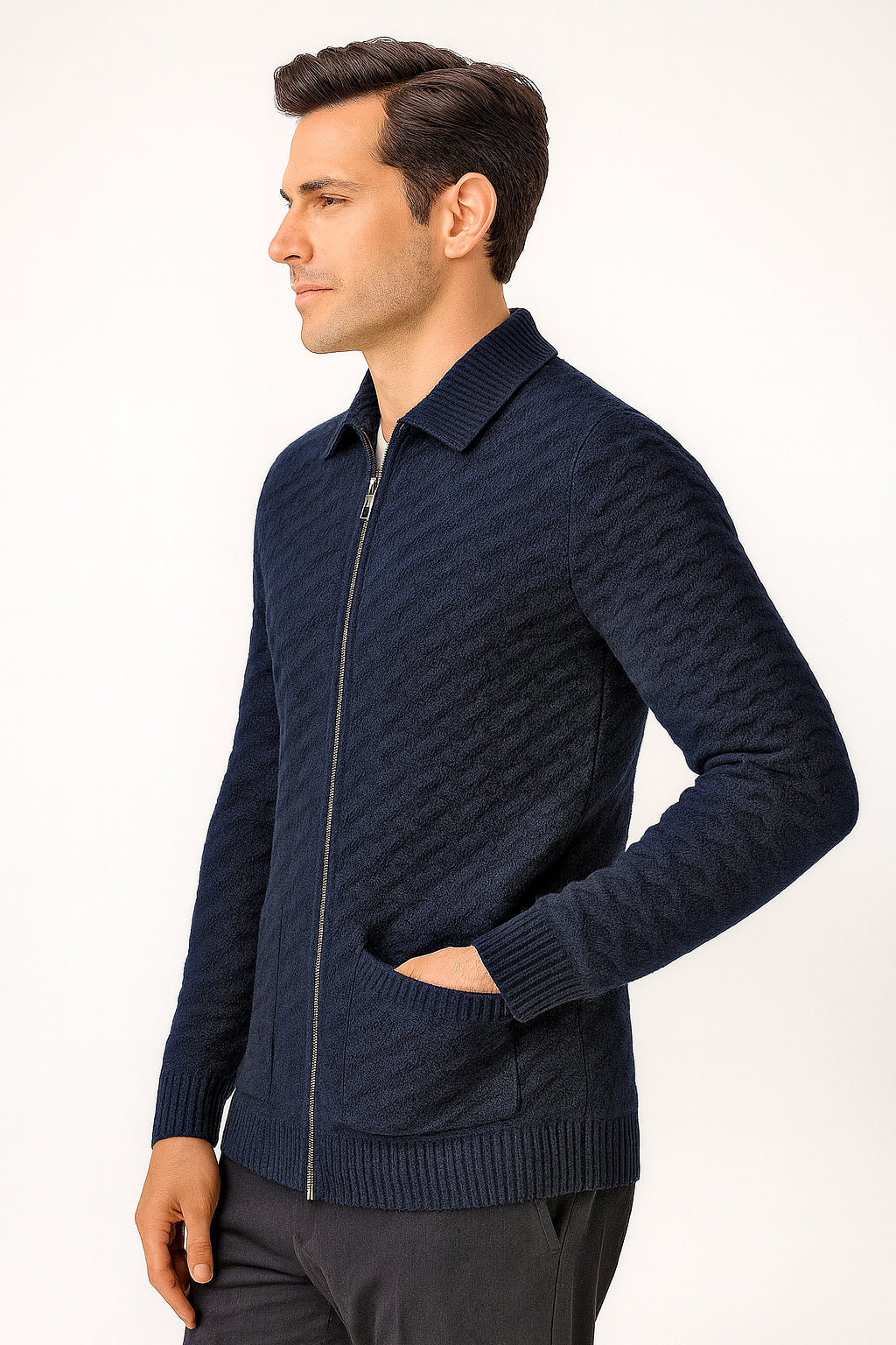 Maglione con cerniera  in calda e morbida lana misto alpaca - Maglia da uomo inverale  in tinta unita con zip - Lavorazione artigianale e Made in Italy