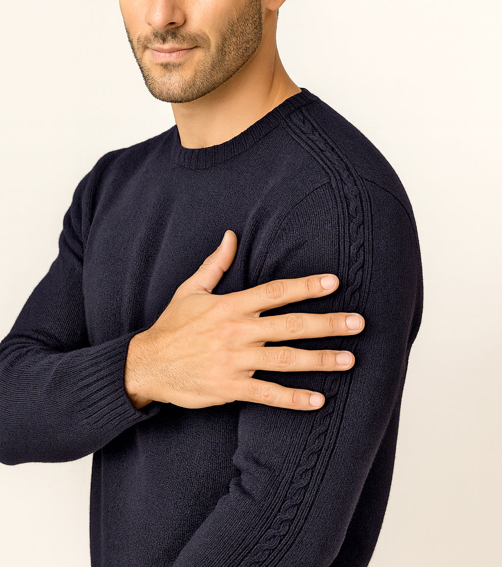 Maglione Girocollo in Calda e Morbida Lana - Maglia da Uomo in Tinta Unita con Fantasia a Treccia - Made in Italy