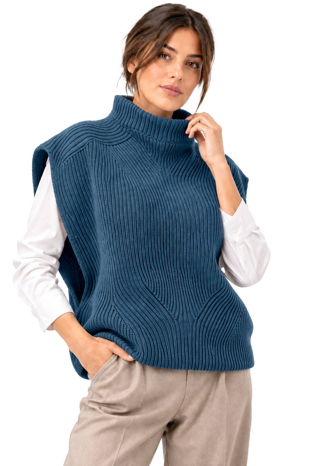 Smanicato Donna in Lana Made in Italy, Stile in Maglia Inglese con Collo Alto, Gilet Donna Invernale in Lana, Taglia Unica