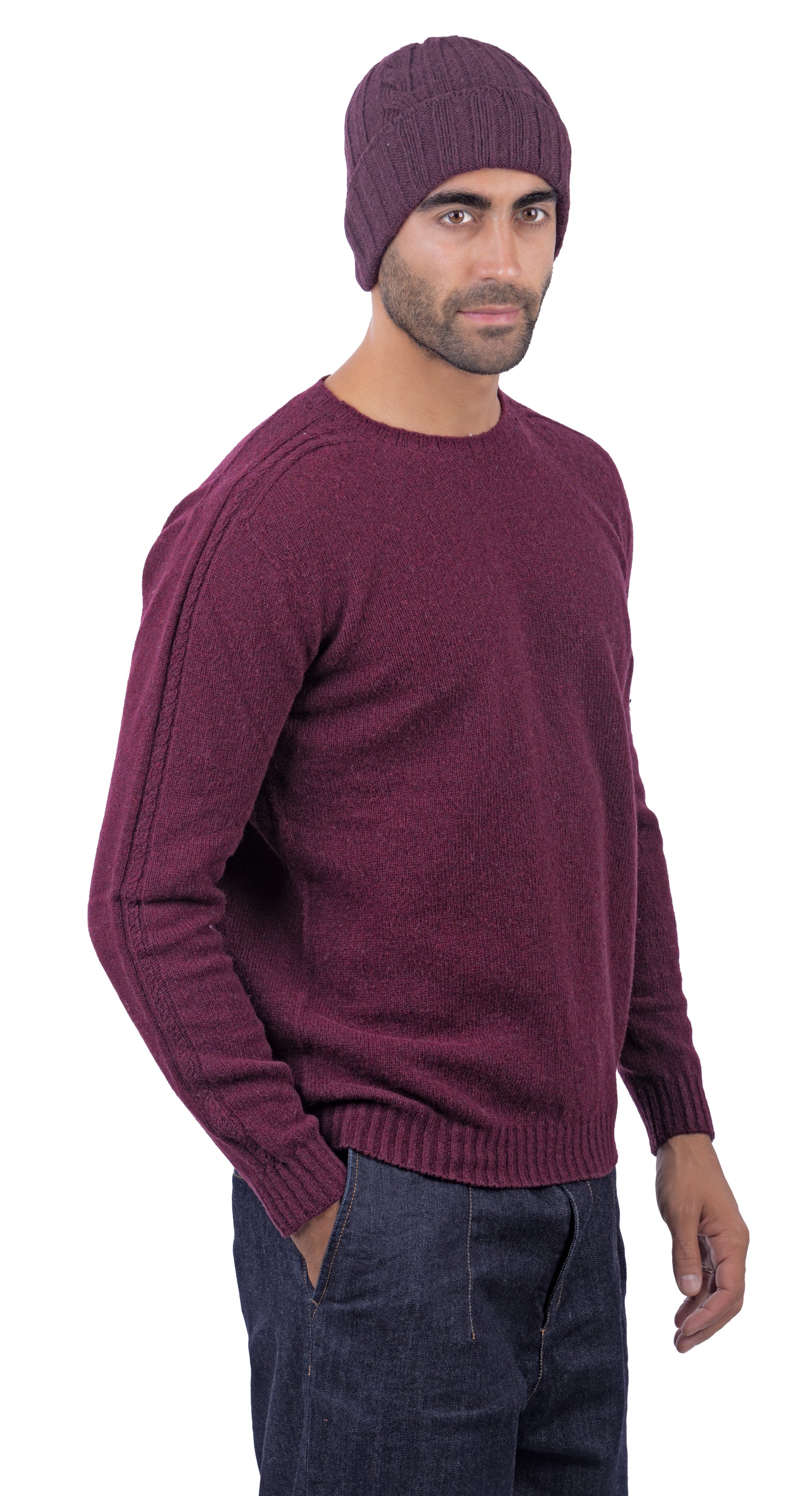 Maglione Girocollo in Calda e Morbida Lana - Maglia da Uomo in Tinta Unita con Fantasia a Treccia - Made in Italy