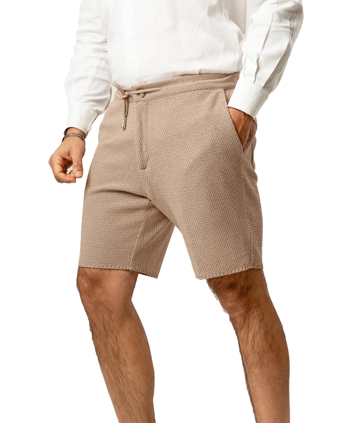Bermuda Pantaloni Corti da Uomo sartoriali in Cotone - Modello fantaasia Chicco di Riso a Tinta Unita - Elastico con Laccio in Vita - Made in Italy
