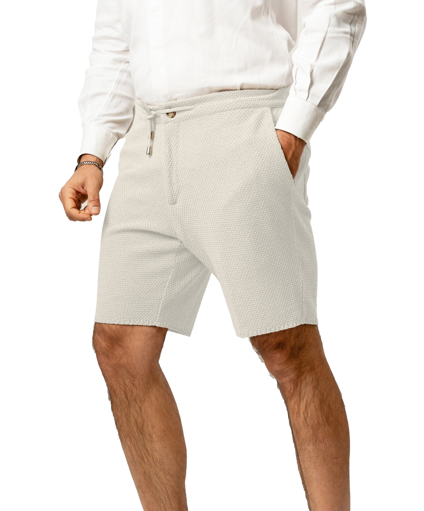 Bermuda Pantaloni Corti da Uomo sartoriali in Cotone - Modello fantaasia Chicco di Riso a Tinta Unita - Elastico con Laccio in Vita - Made in Italy
