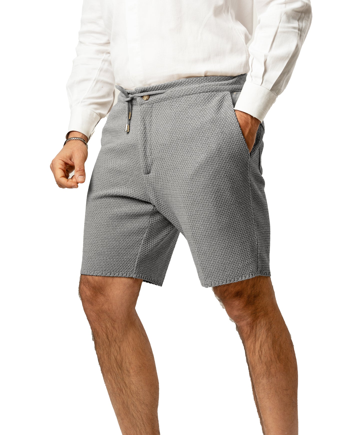 Bermuda Pantaloni Corti da Uomo sartoriali in Cotone - Modello fantaasia Chicco di Riso a Tinta Unita - Elastico con Laccio in Vita - Made in Italy