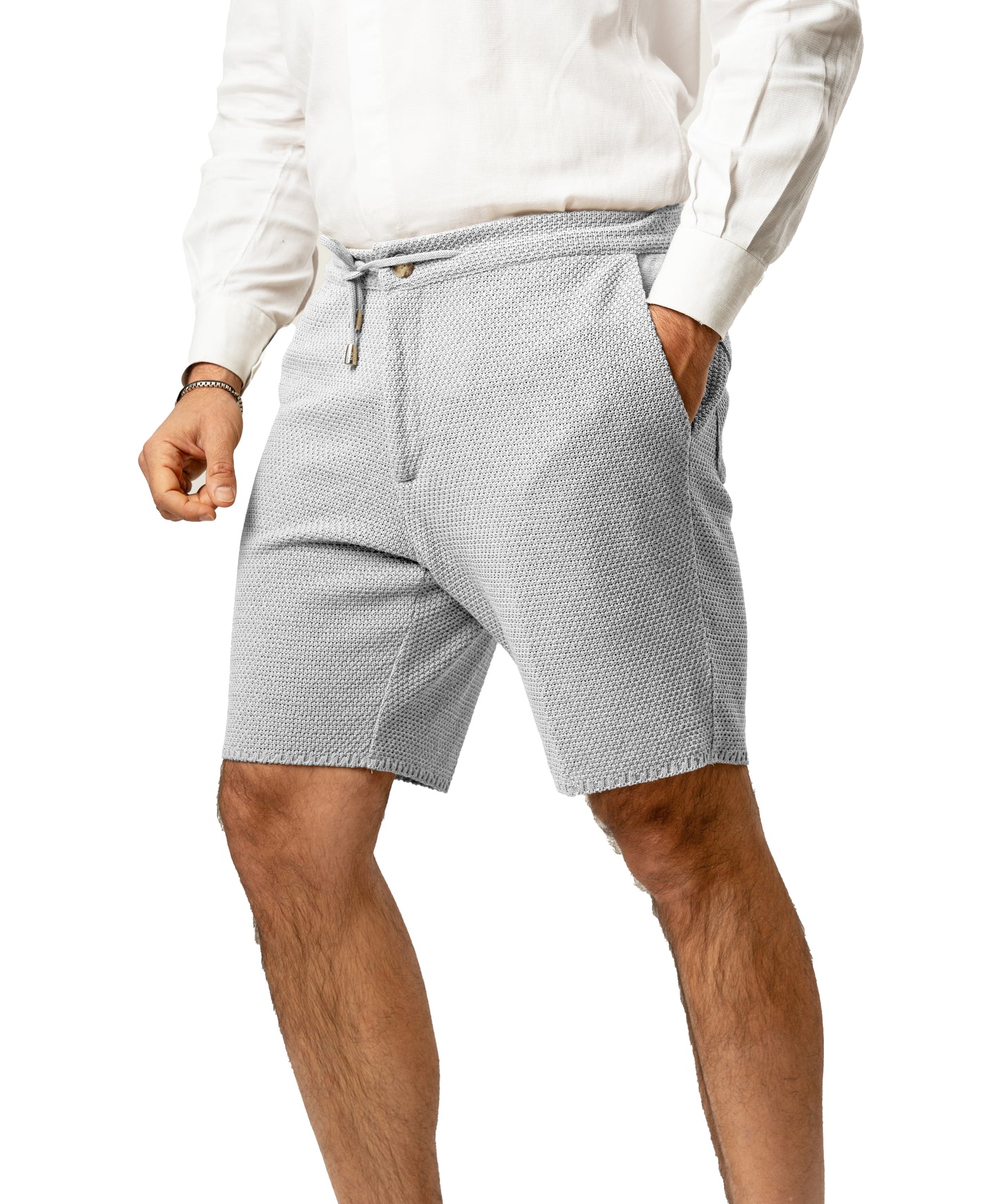 Bermuda Pantaloni Corti da Uomo sartoriali in Cotone - Modello fantaasia Chicco di Riso a Tinta Unita - Elastico con Laccio in Vita - Made in Italy