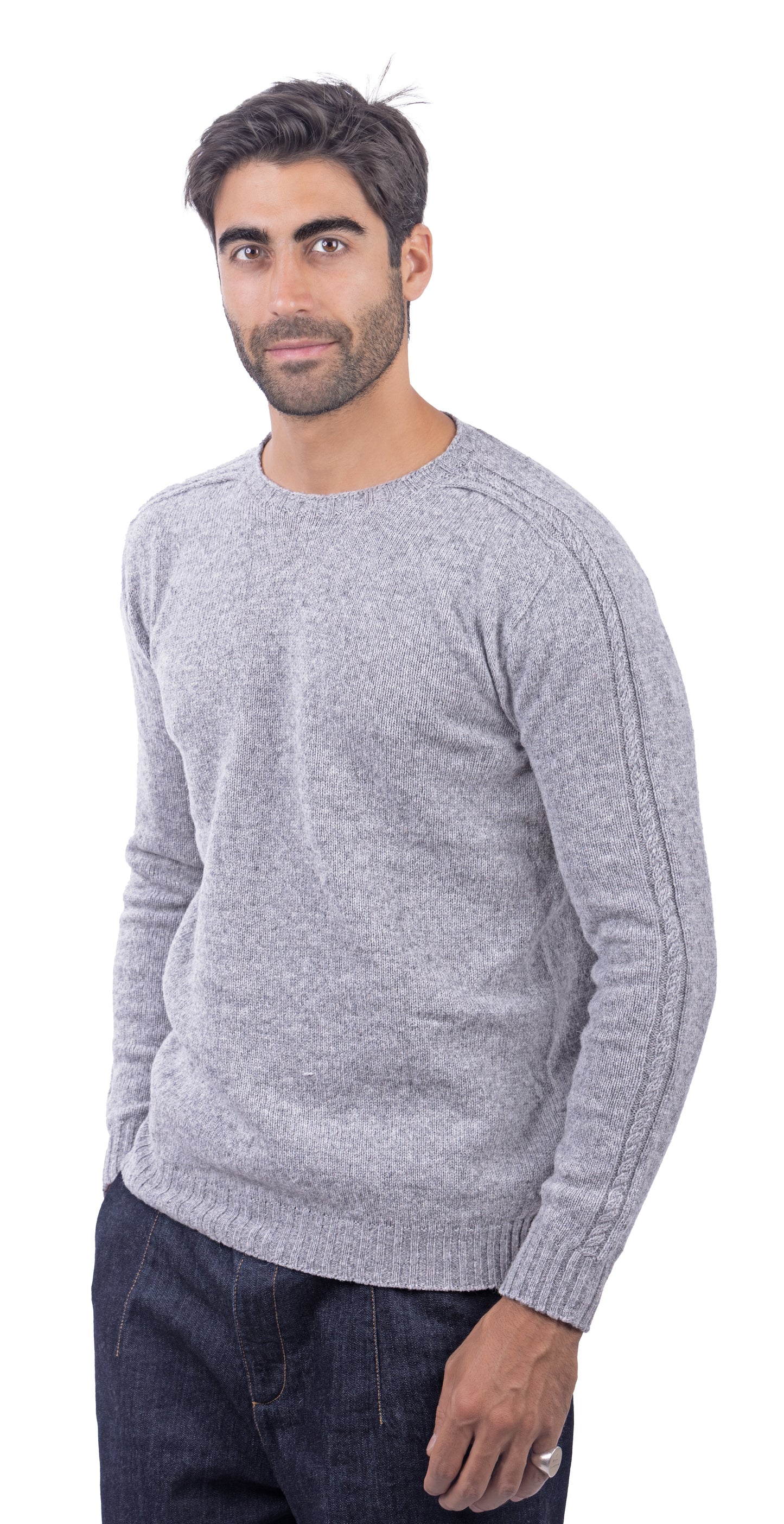Maglione Girocollo in Calda e Morbida Lana - Maglia da Uomo in Tinta Unita con Fantasia a Treccia - Made in Italy