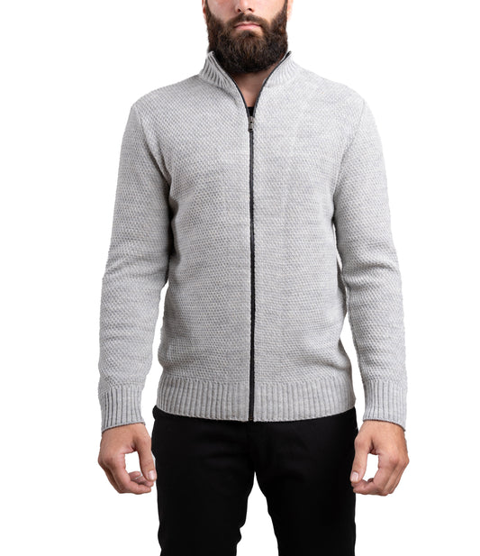 Maglia Girocollo in Lana e Alpaca con Cerniera - Fantasia a Chicco di Riso, a Tinta Unita - Made in Italy