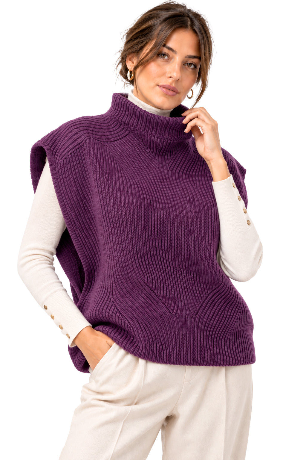 Smanicato Donna in Lana Made in Italy, Stile in Maglia Inglese con Collo Alto, Gilet Donna Invernale in Lana, Taglia Unica