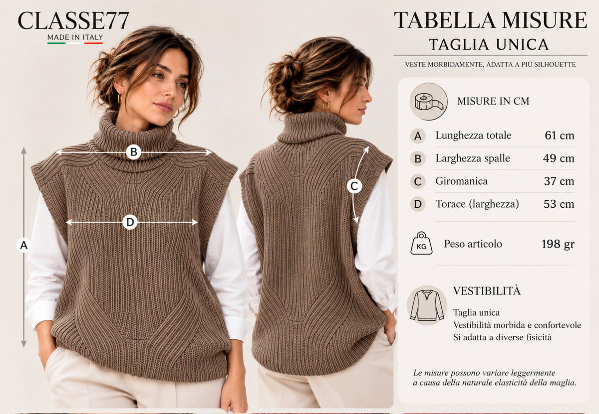 Smanicato Donna in Lana Made in Italy, Stile in Maglia Inglese con Collo Alto, Gilet Donna Invernale in Lana, Taglia Unica