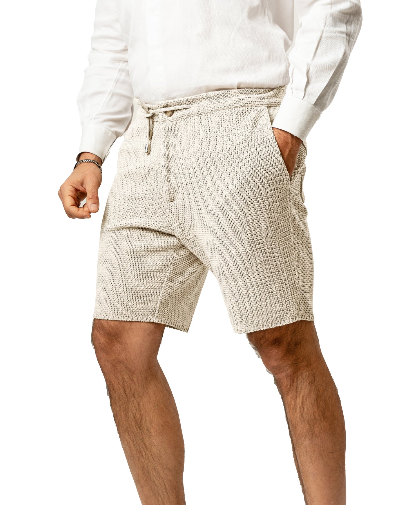 Bermuda Pantaloni Corti da Uomo sartoriali in Cotone - Modello fantaasia Chicco di Riso a Tinta Unita - Elastico con Laccio in Vita - Made in Italy