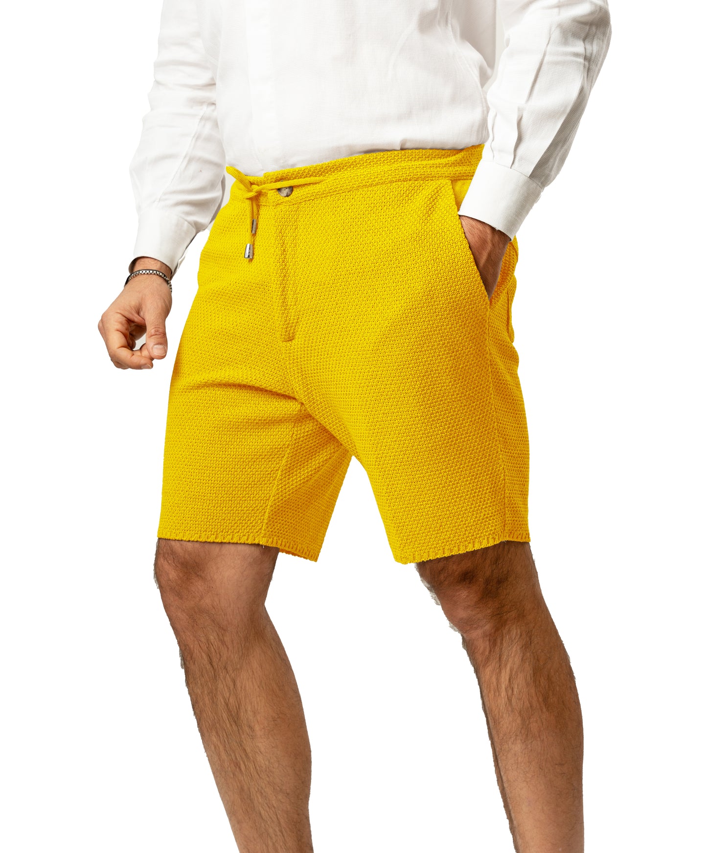 Bermuda Pantaloni Corti da Uomo sartoriali in Cotone - Modello fantaasia Chicco di Riso a Tinta Unita - Elastico con Laccio in Vita - Made in Italy