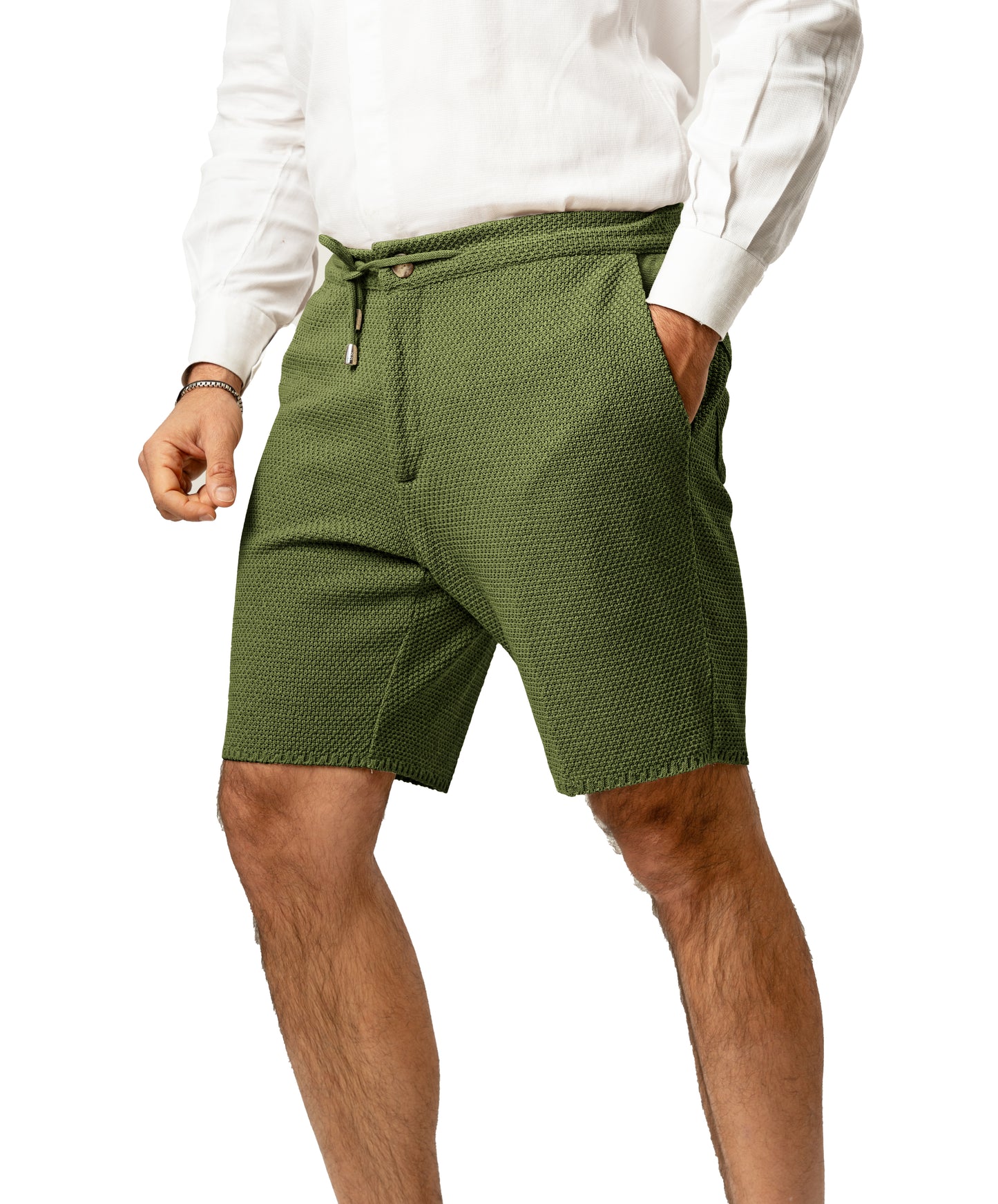 Bermuda Pantaloni Corti da Uomo sartoriali in Cotone - Modello fantaasia Chicco di Riso a Tinta Unita - Elastico con Laccio in Vita - Made in Italy