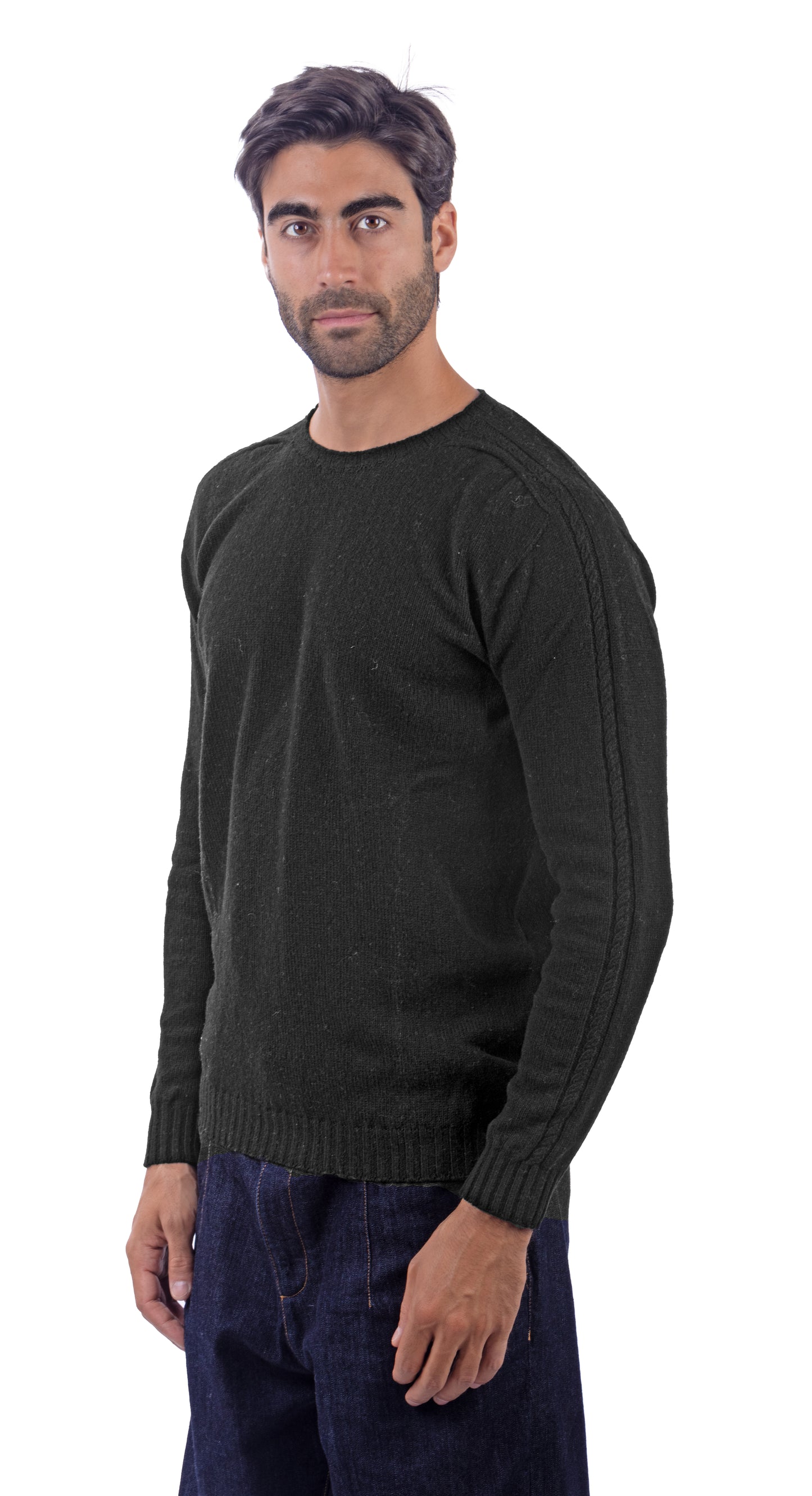 Maglione Girocollo in Calda e Morbida Lana - Maglia da Uomo in Tinta Unita con Fantasia a Treccia - Made in Italy
