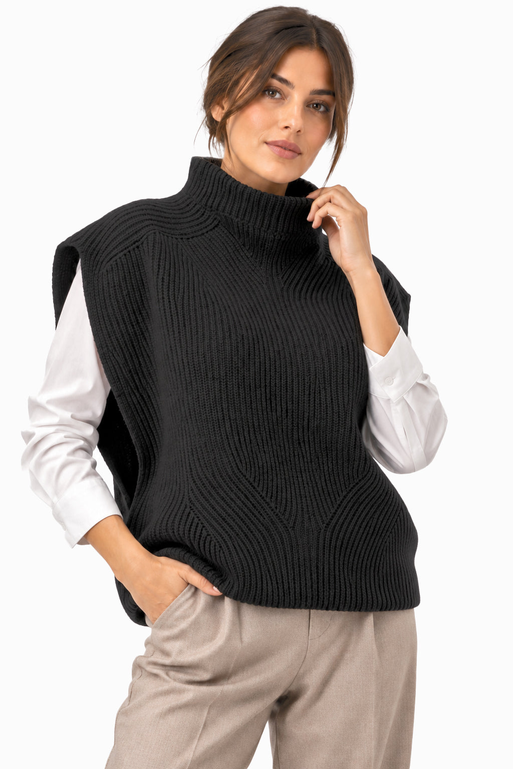 Smanicato Donna in Lana Made in Italy, Stile in Maglia Inglese con Collo Alto, Gilet Donna Invernale in Lana, Taglia Unica