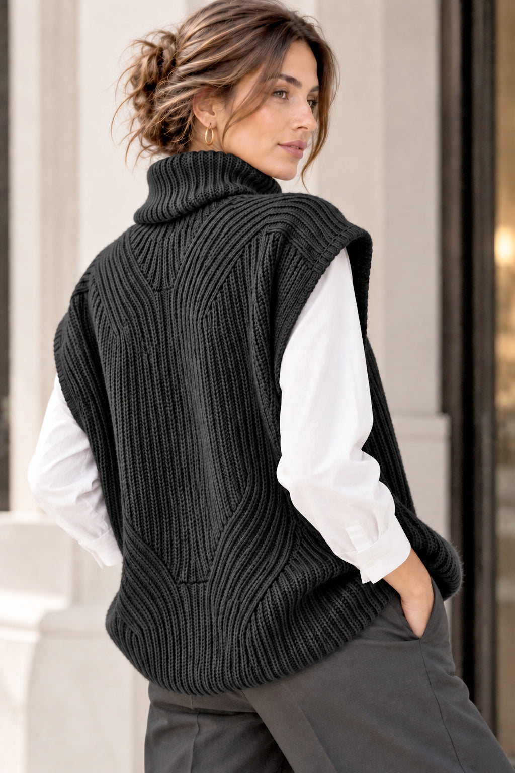 Smanicato Donna in Lana Made in Italy, Stile in Maglia Inglese con Collo Alto, Gilet Donna Invernale in Lana, Taglia Unica