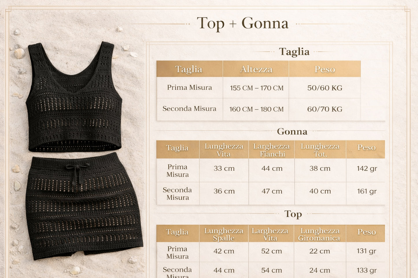 Set donna compreso di Top con scollo a V e gonna - abito due pezzi estivo stile uncinetto - Made in Italy - artigianale